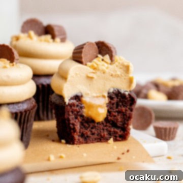 A close-up of a Peanut Butter Chocolate Cupcake, fully decorated and ready to eat.