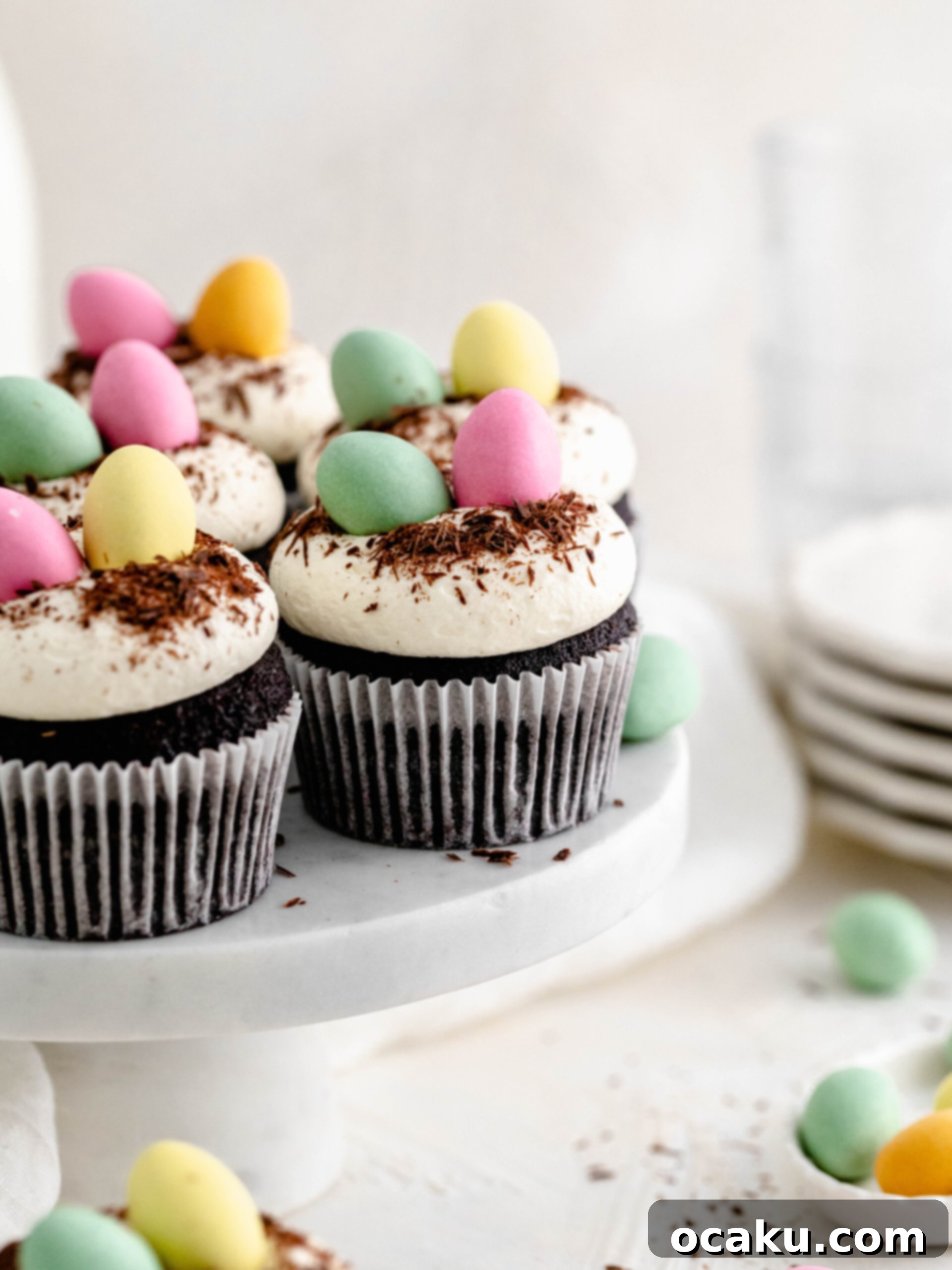 Easter Mini Egg Cupcakes 6 An assortment of mini egg chocolate cupcakes, perfectly frosted and decorated, ready for an Easter gathering.