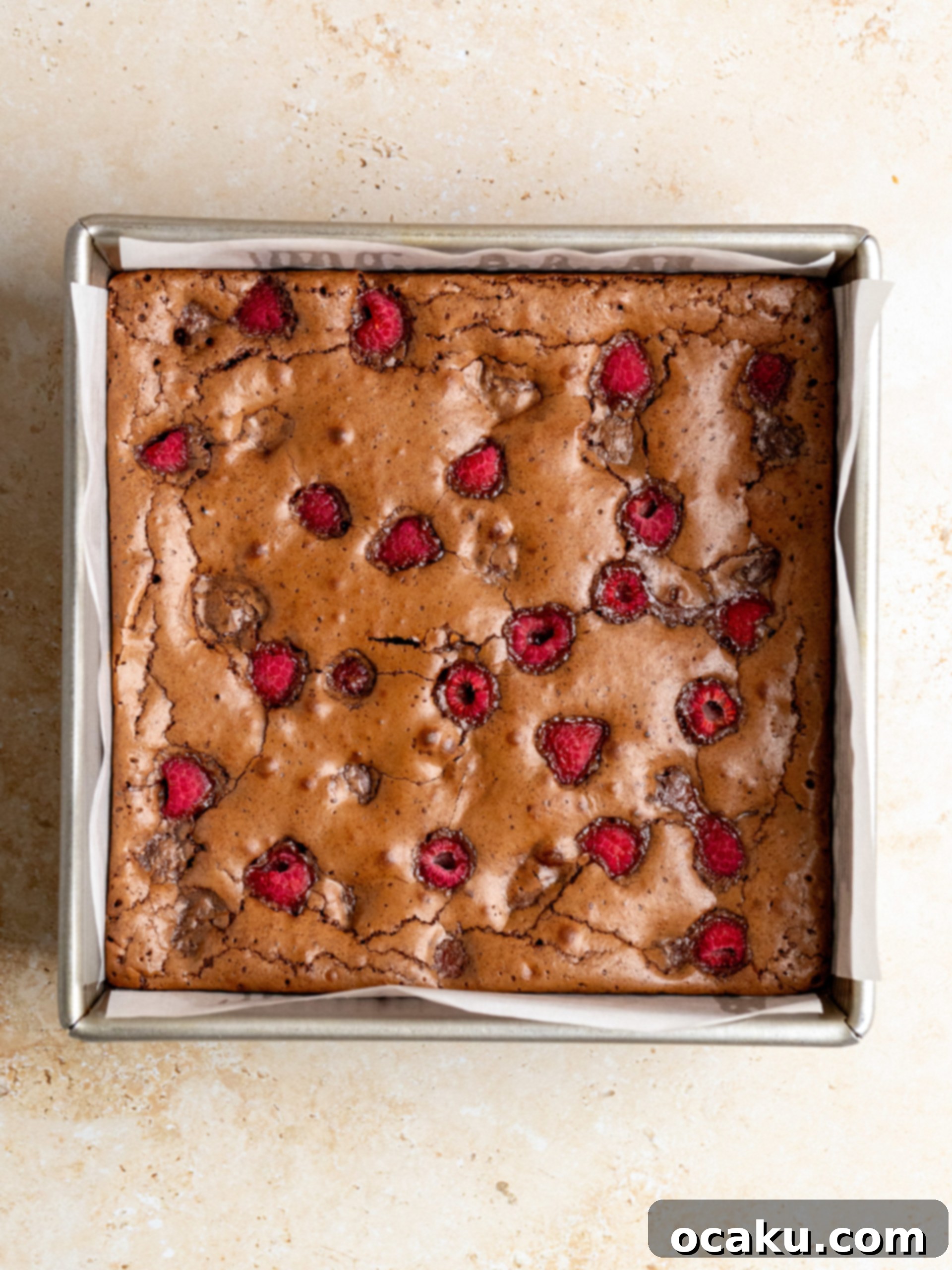 Brownie batter with raspberries being spread into a parchment-lined baking pan.