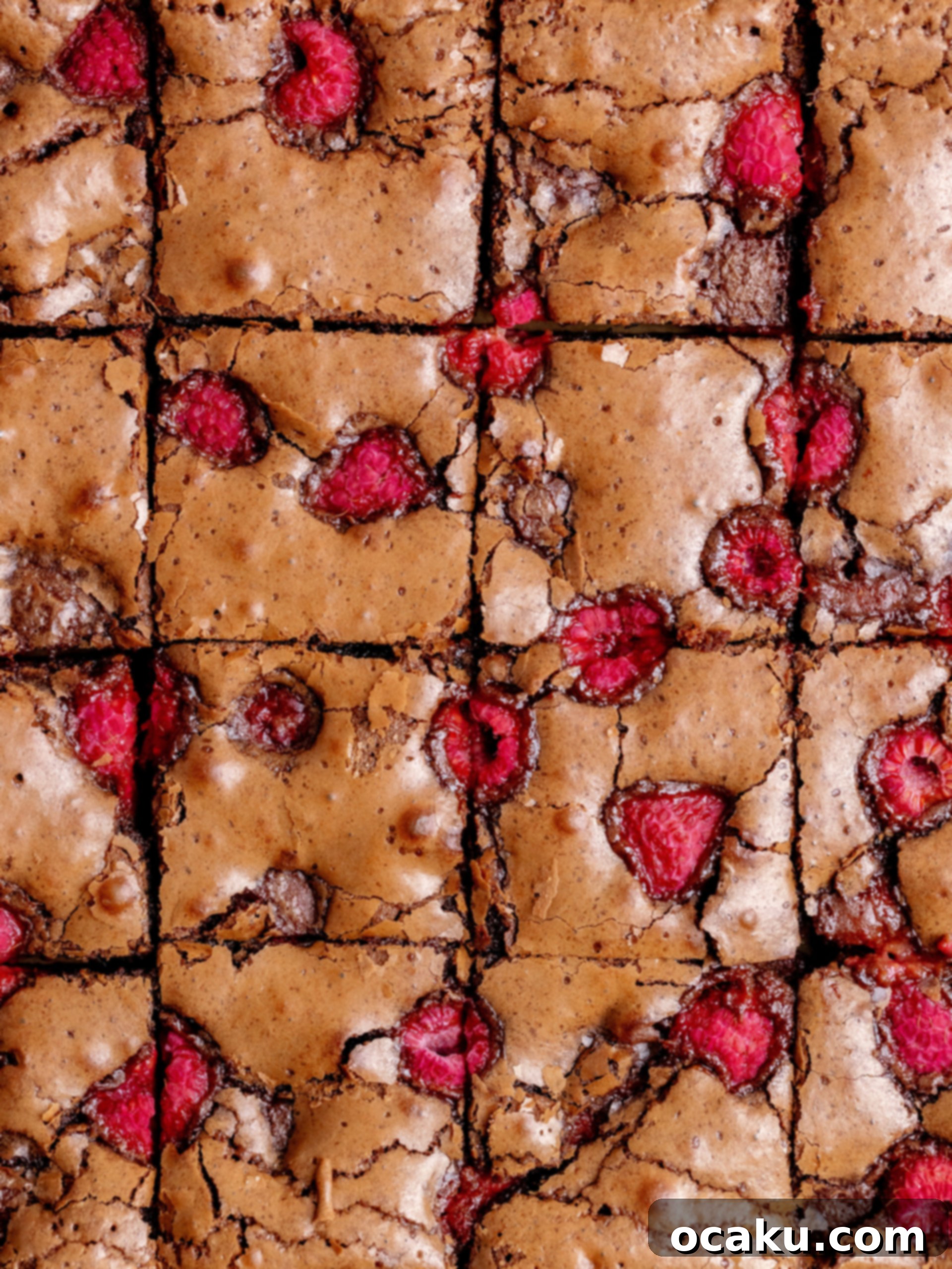 Freshly baked raspberry brownies cooling in the pan, with a perfect fudgy appearance.