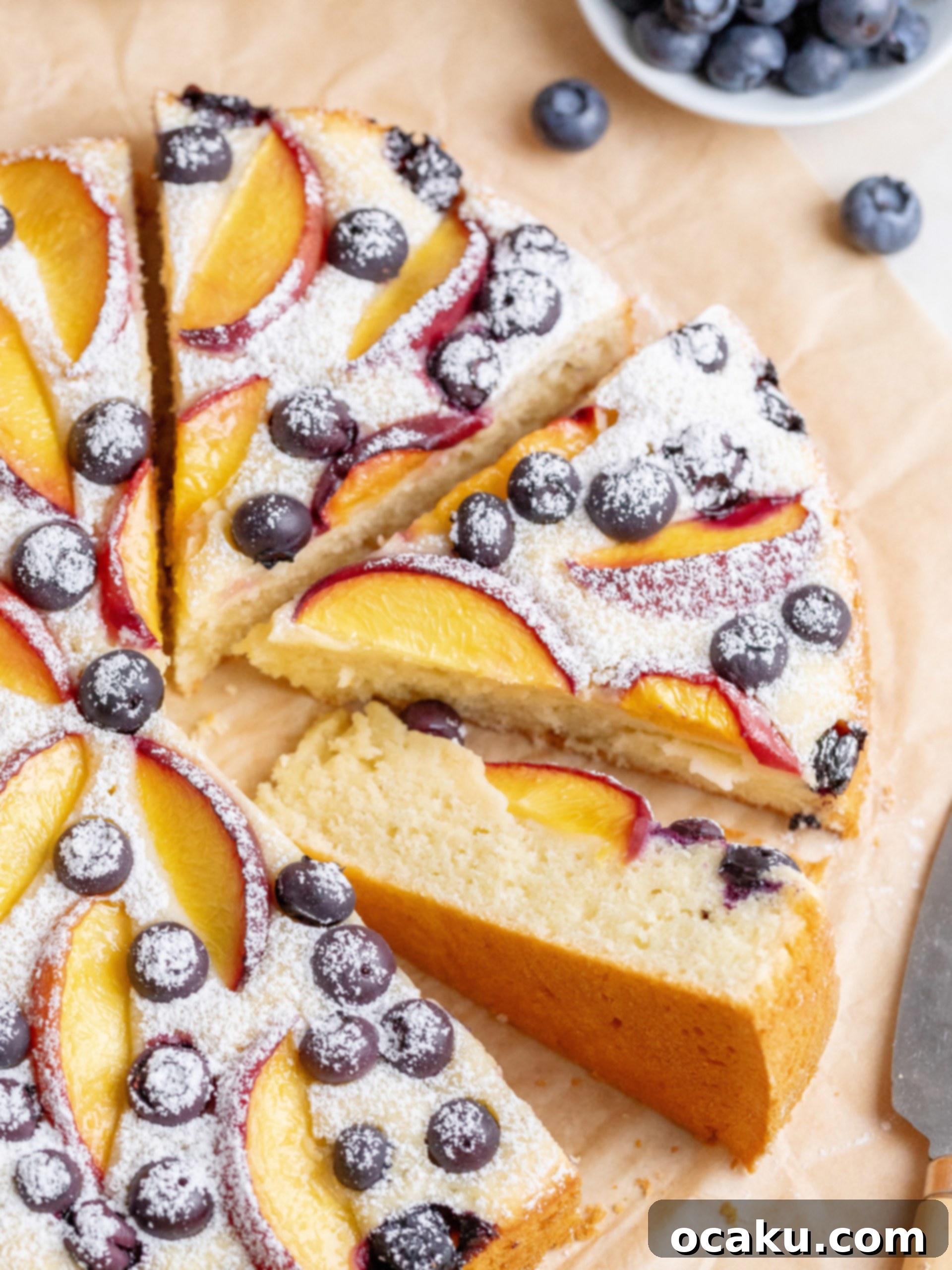 Peach Blueberry Cake topped with fresh peaches and blueberries