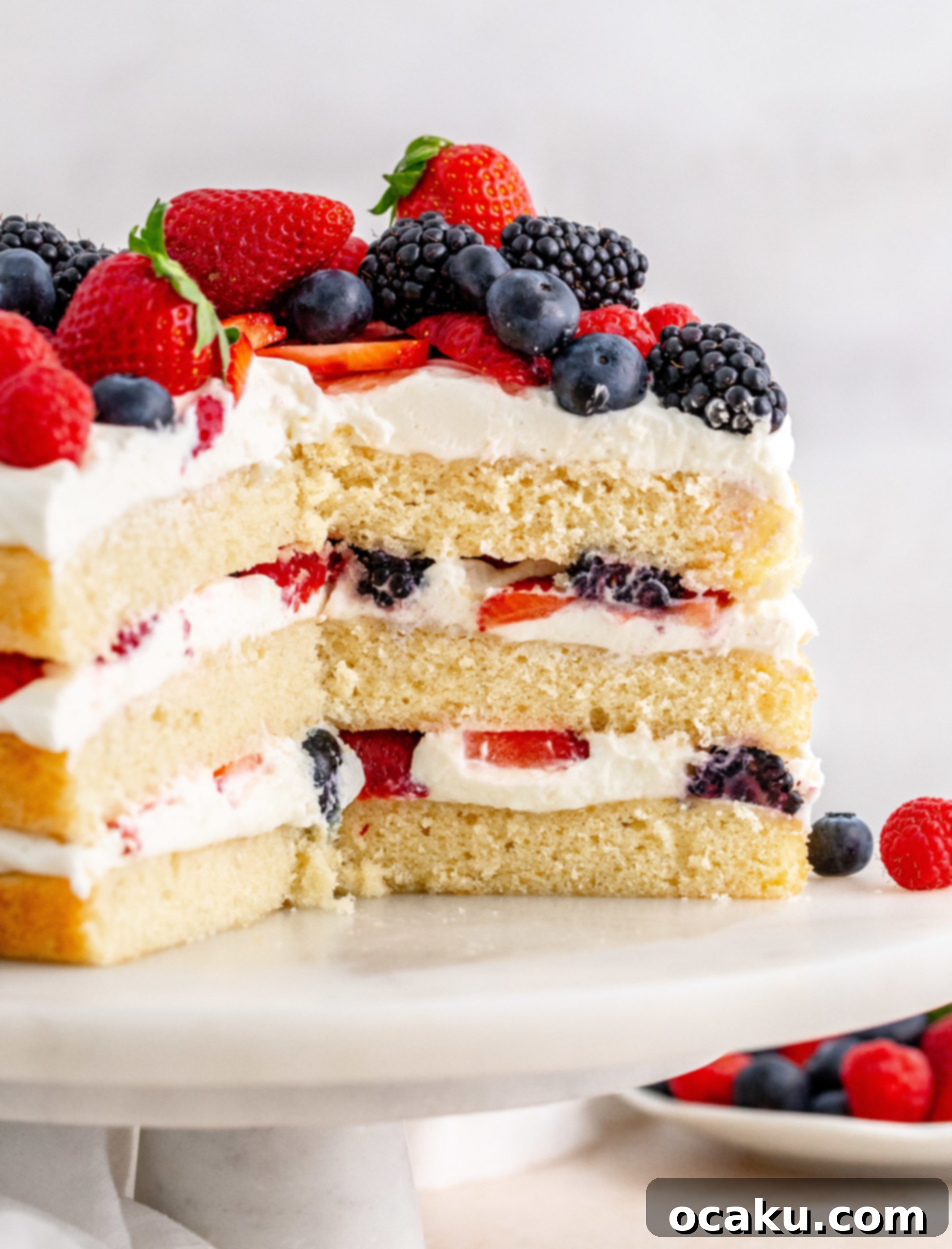 A slice of The BEST Berry Cake with mascarpone cream and fresh berries