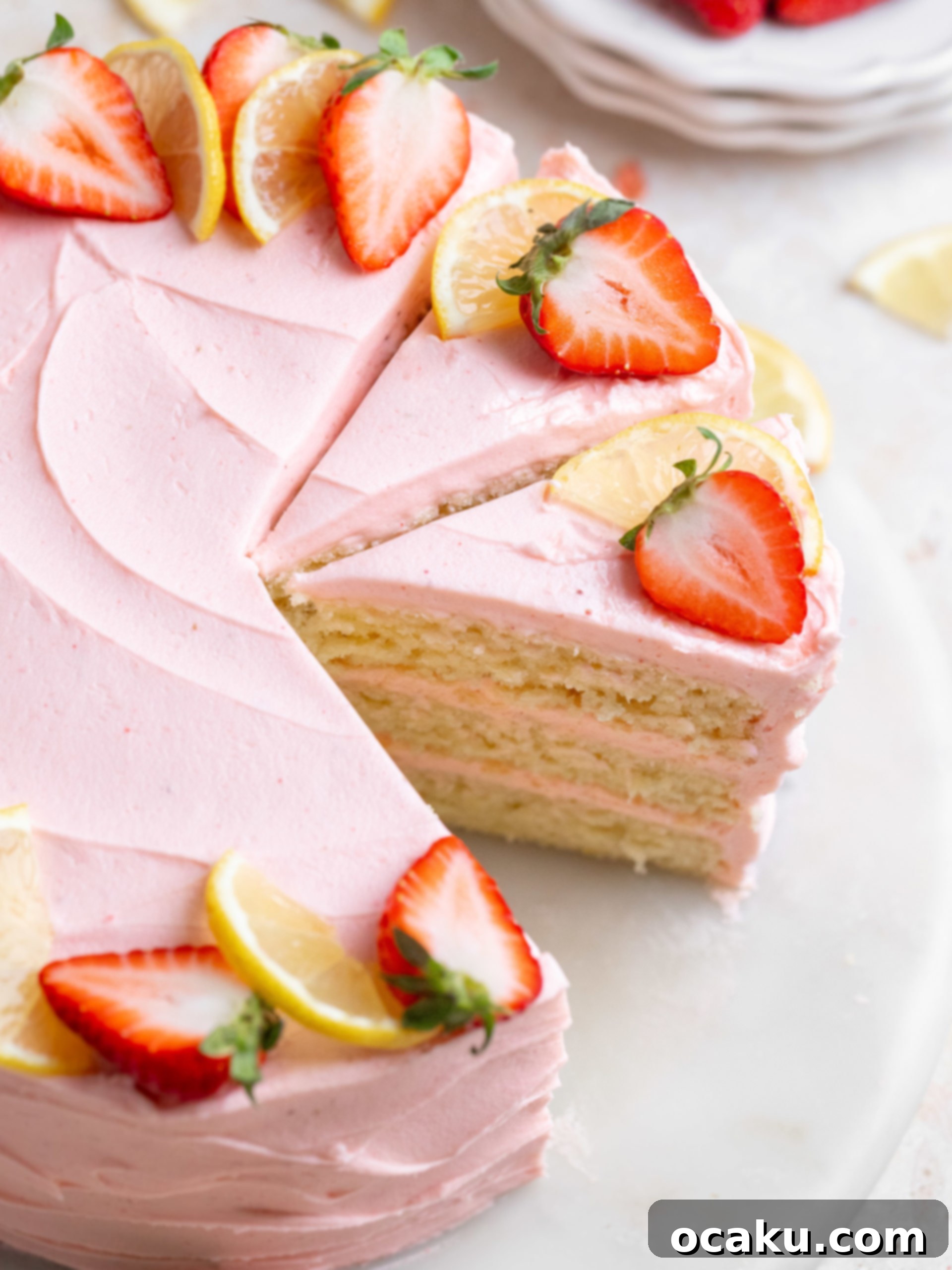 Close-up of a slice of Strawberry Lemon Cake with pink buttercream