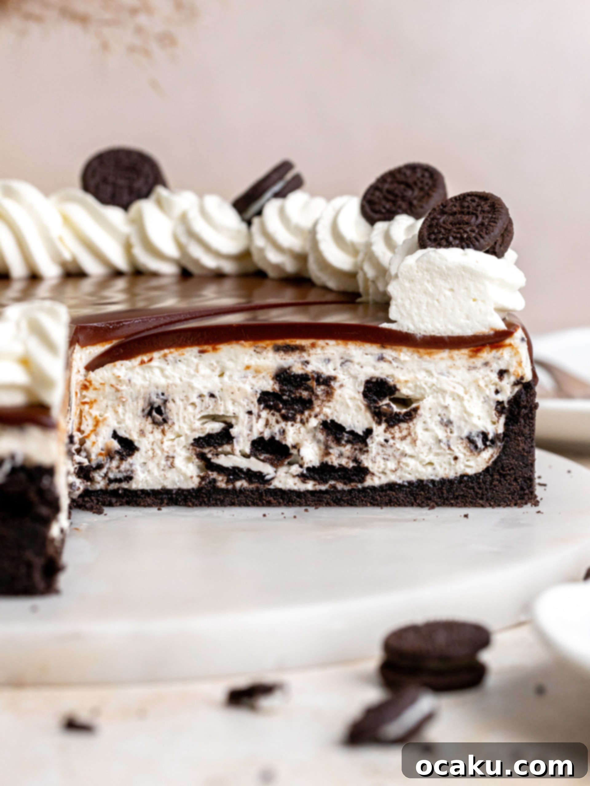 No-Bake Oreo Cheesecake with dark chocolate ganache, whipped cream, and mini Oreos