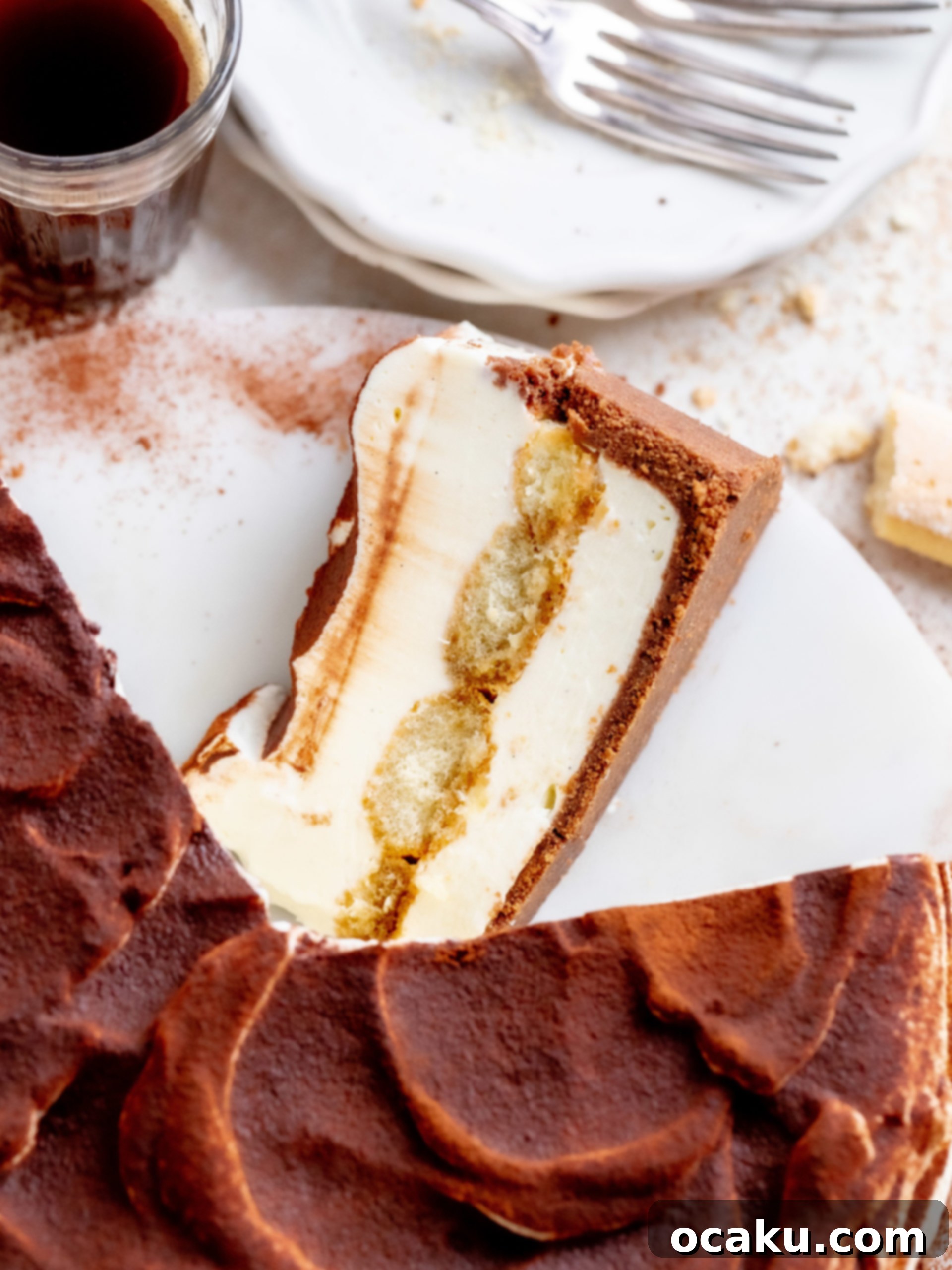 Tiramisu Cheesecake slice showing layers of cocoa crust, mascarpone, and ladyfingers