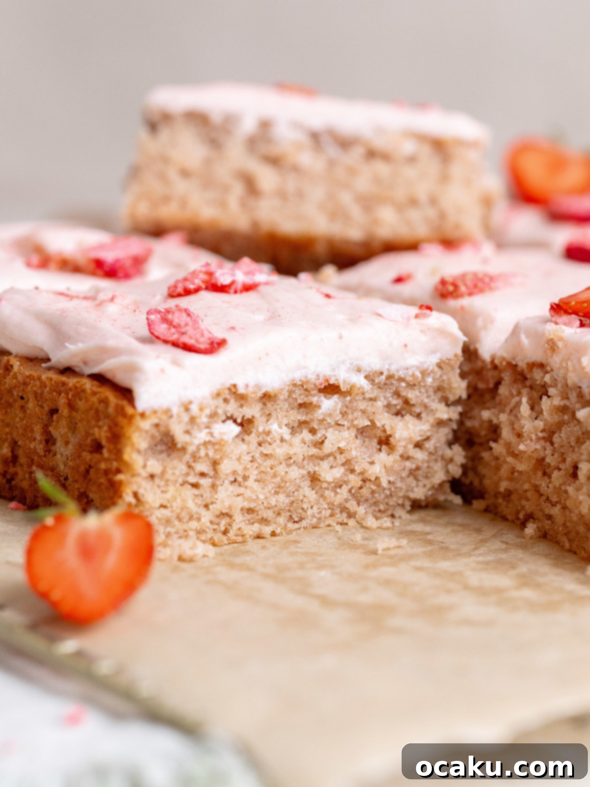 Overhead view of a beautiful Strawberry Sheet Cake, sliced and ready to serve.