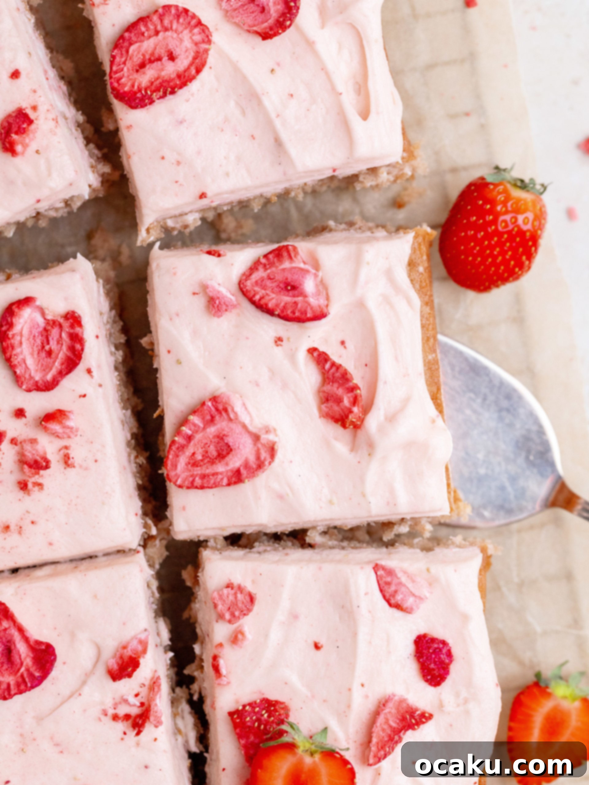 Two slices of Strawberry Sheet Cake on a plate, showcasing the fluffy cake and creamy frosting, garnished with fresh strawberries.