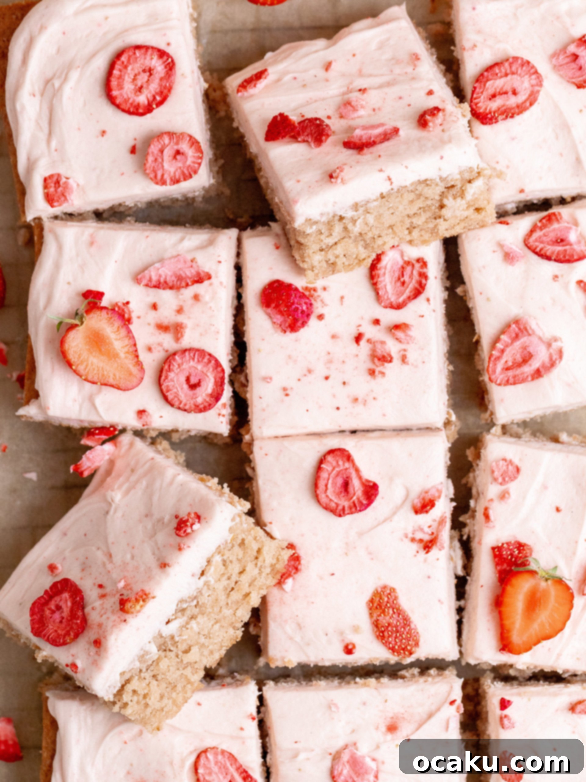 Close-up of a perfectly frosted Strawberry Sheet Cake with strawberry garnishes.