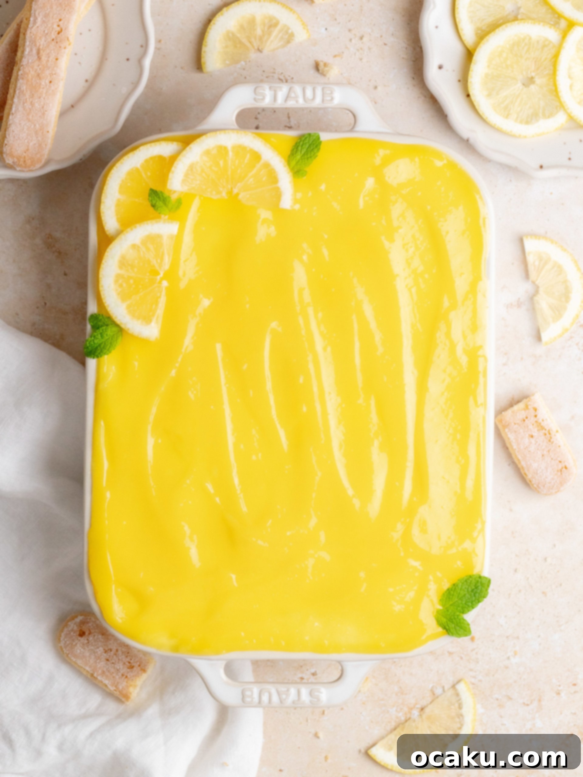 Limoncello Tiramisu topped with lemon curd and garnished