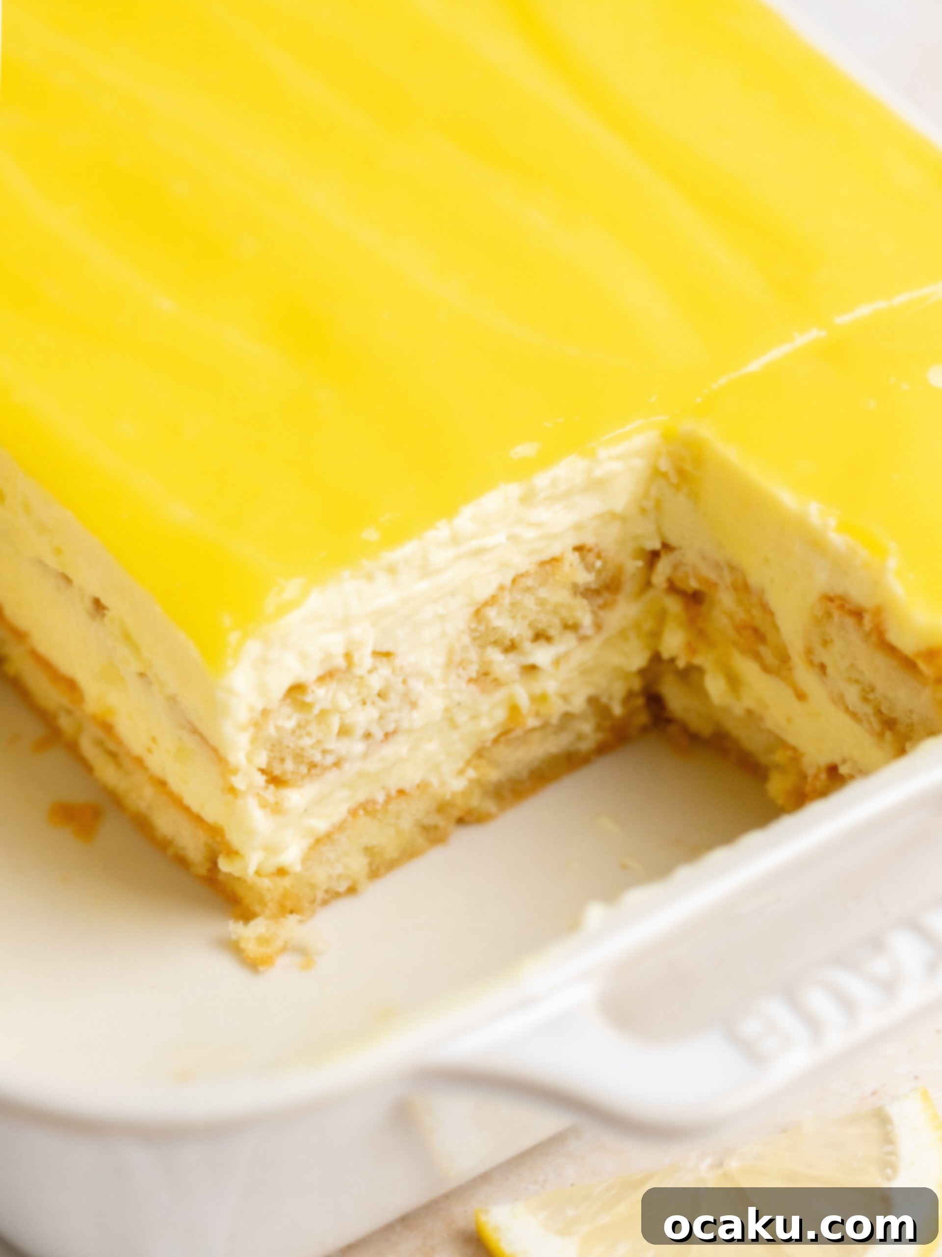 A large tray of Limoncello Tiramisu before serving