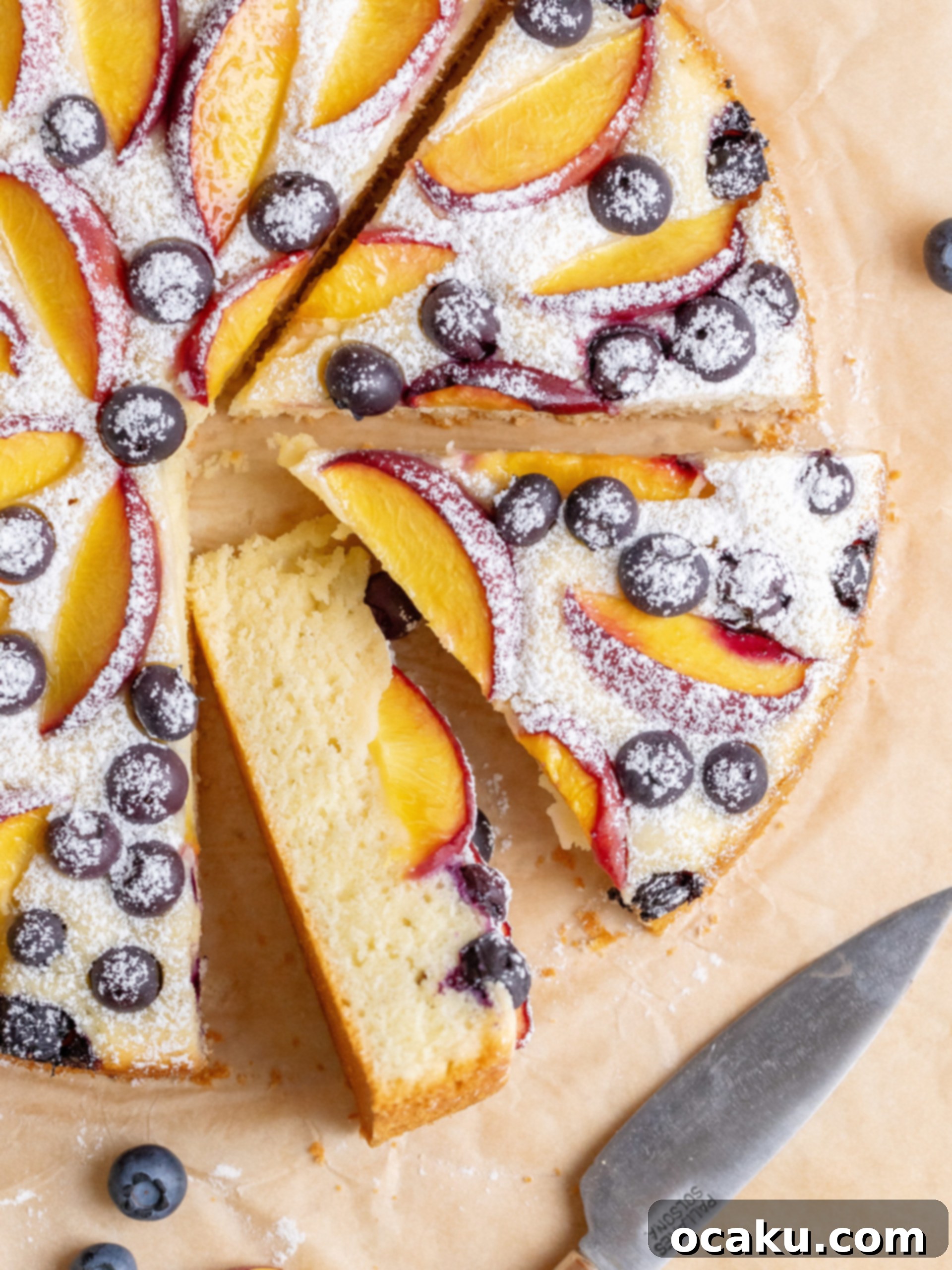 Freshly baked Peach Blueberry Cake on a wire rack, topped with powdered sugar.