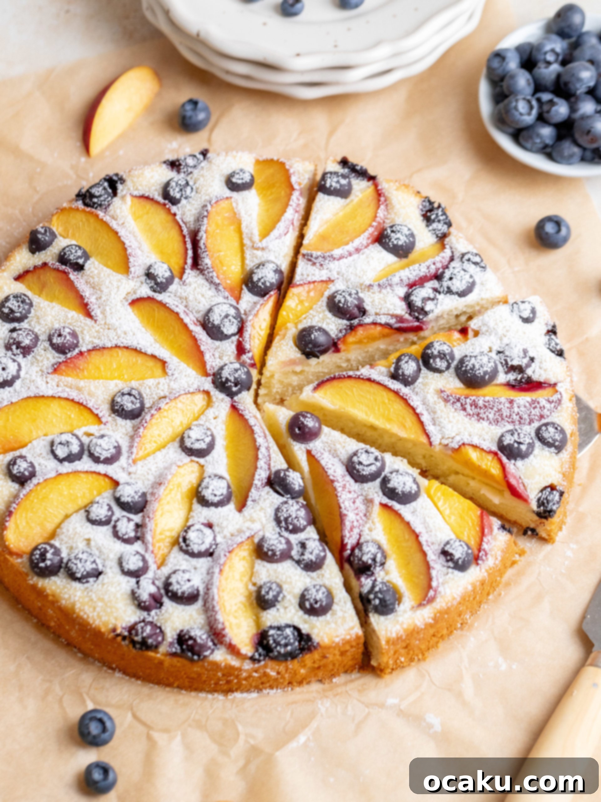 A slice of Peach Blueberry Cake on a plate, showing the moist crumb and fruit layers.