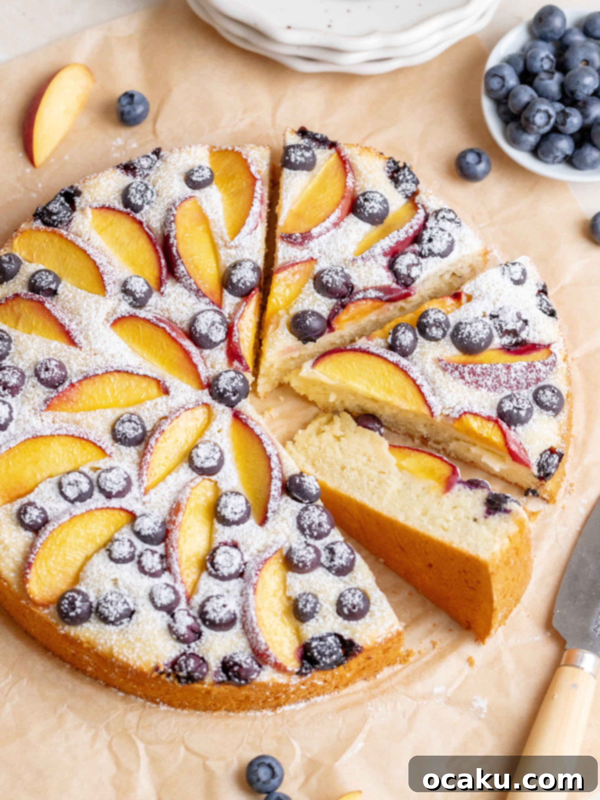 A whole Peach Blueberry Cake cooling on a wire rack.