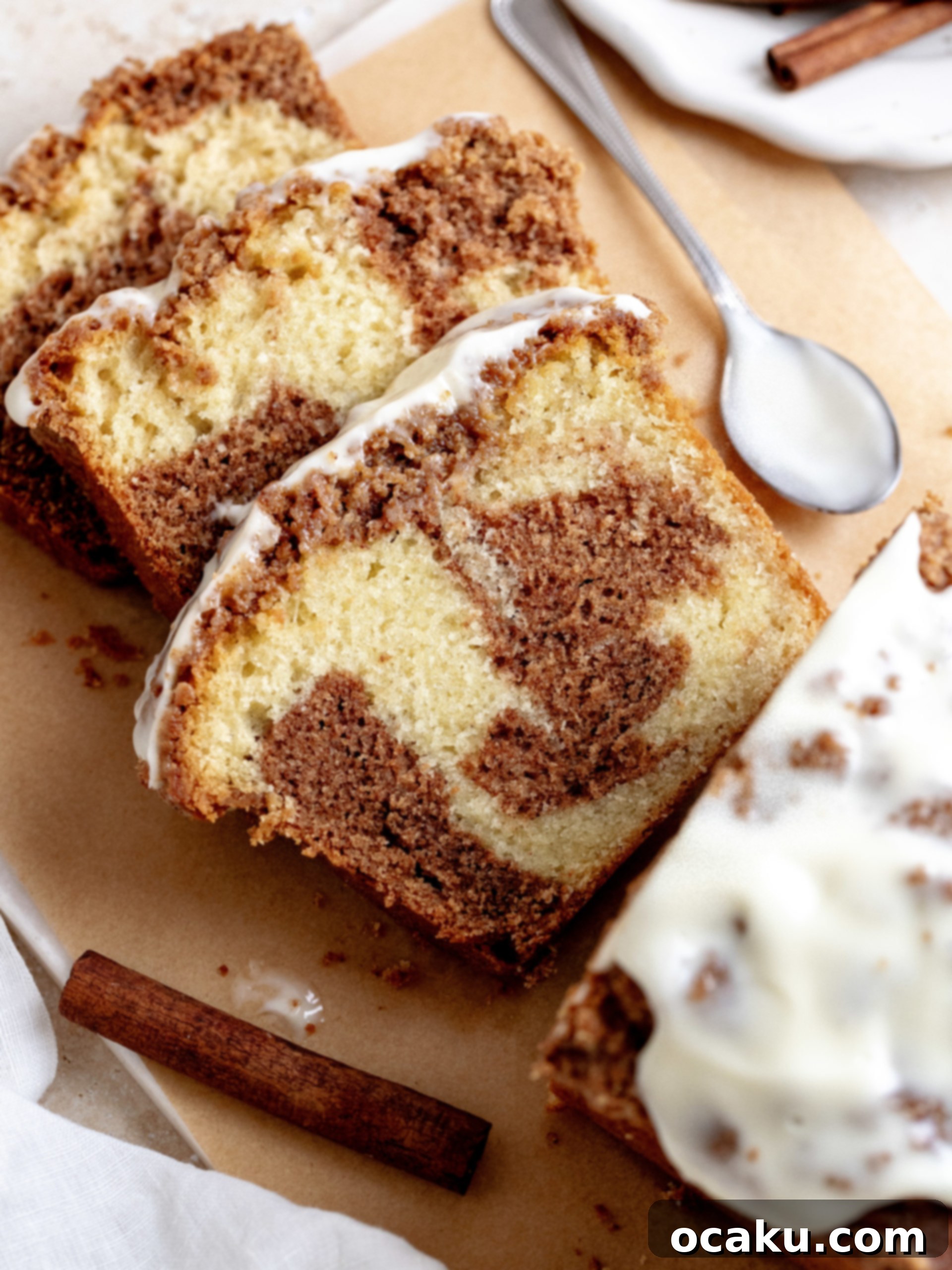 Close-up of Cinnamon Loaf Cake showing the swirled batter and streusel