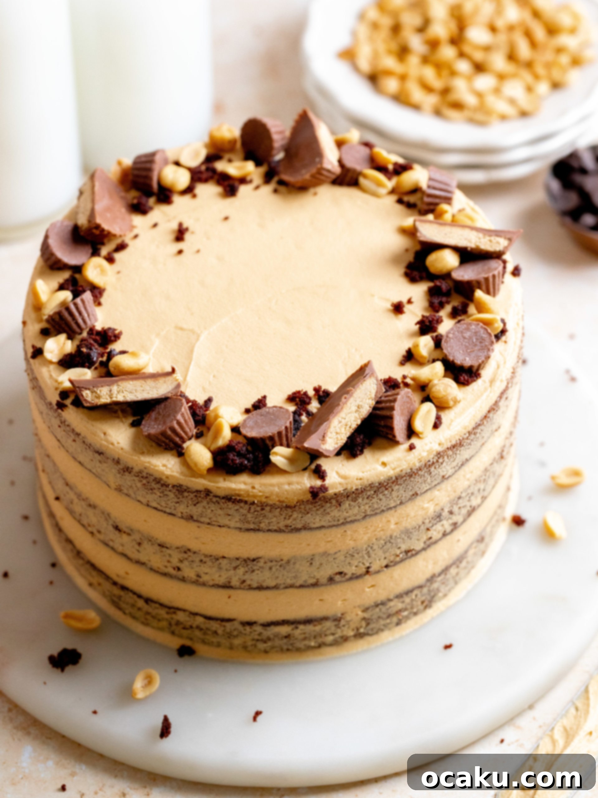 A perfectly frosted and decorated peanut butter chocolate cake on a cake stand.