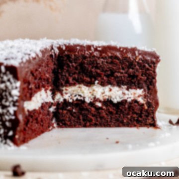 A tempting slice of Chocolate Coconut Layer Cake on a plate.