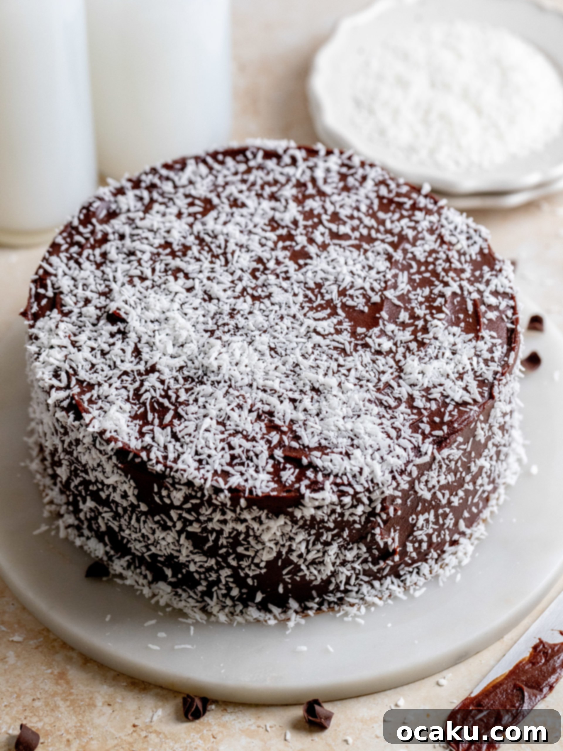 Chocolate ganache being applied to the assembled chocolate coconut layer cake.
