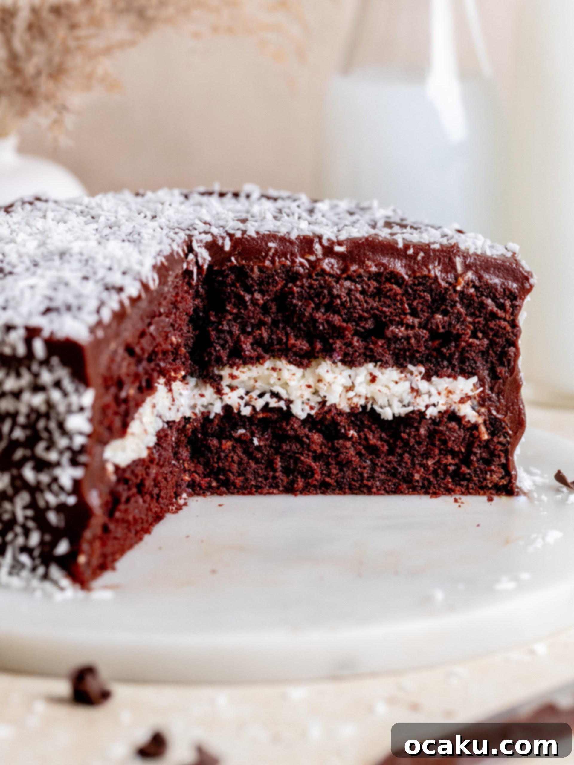 A slice of chocolate coconut cake with ganache frosting.