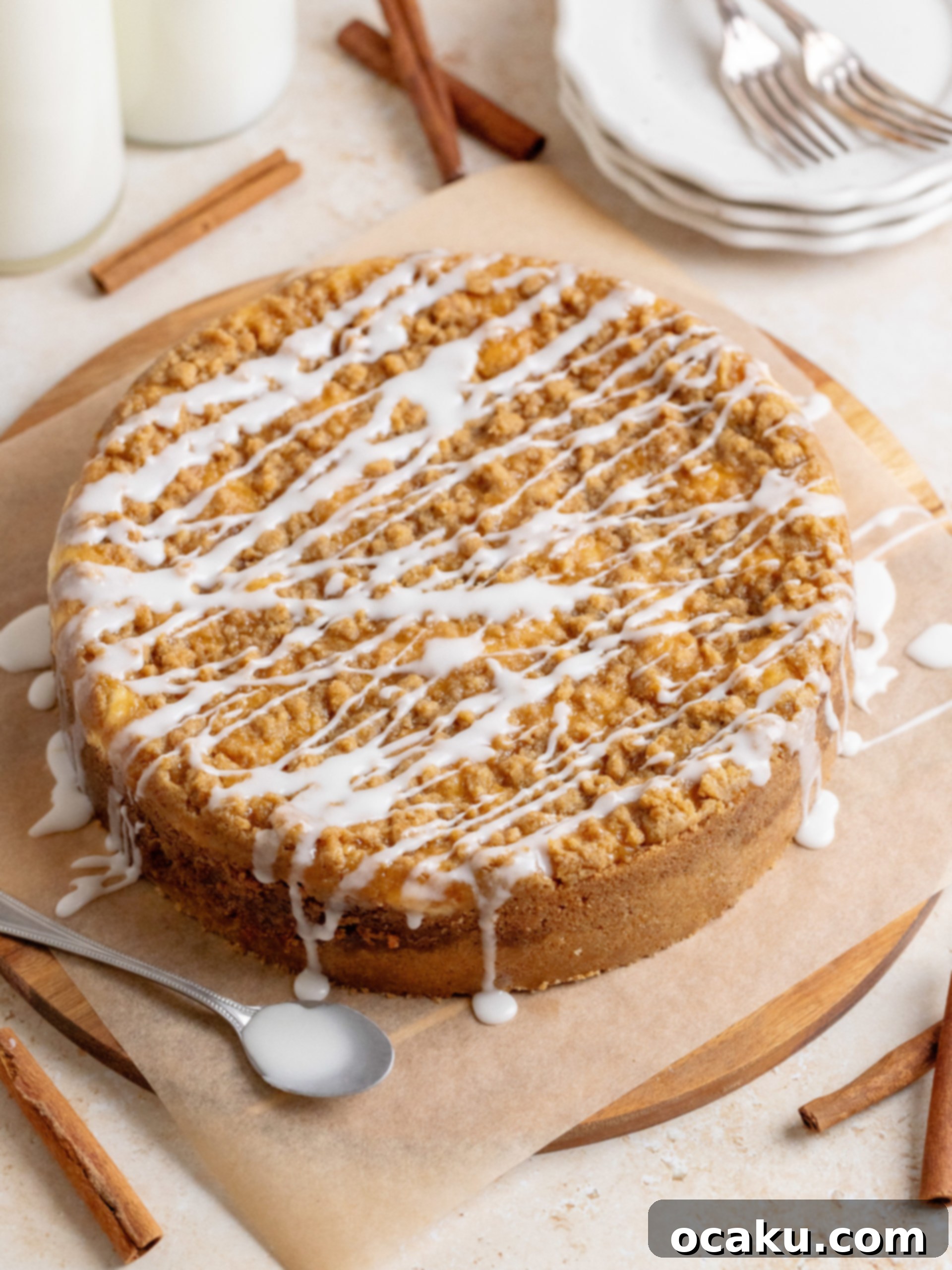 Overhead shot of Coffee Cake Cheesecake with a spoon ready to serve