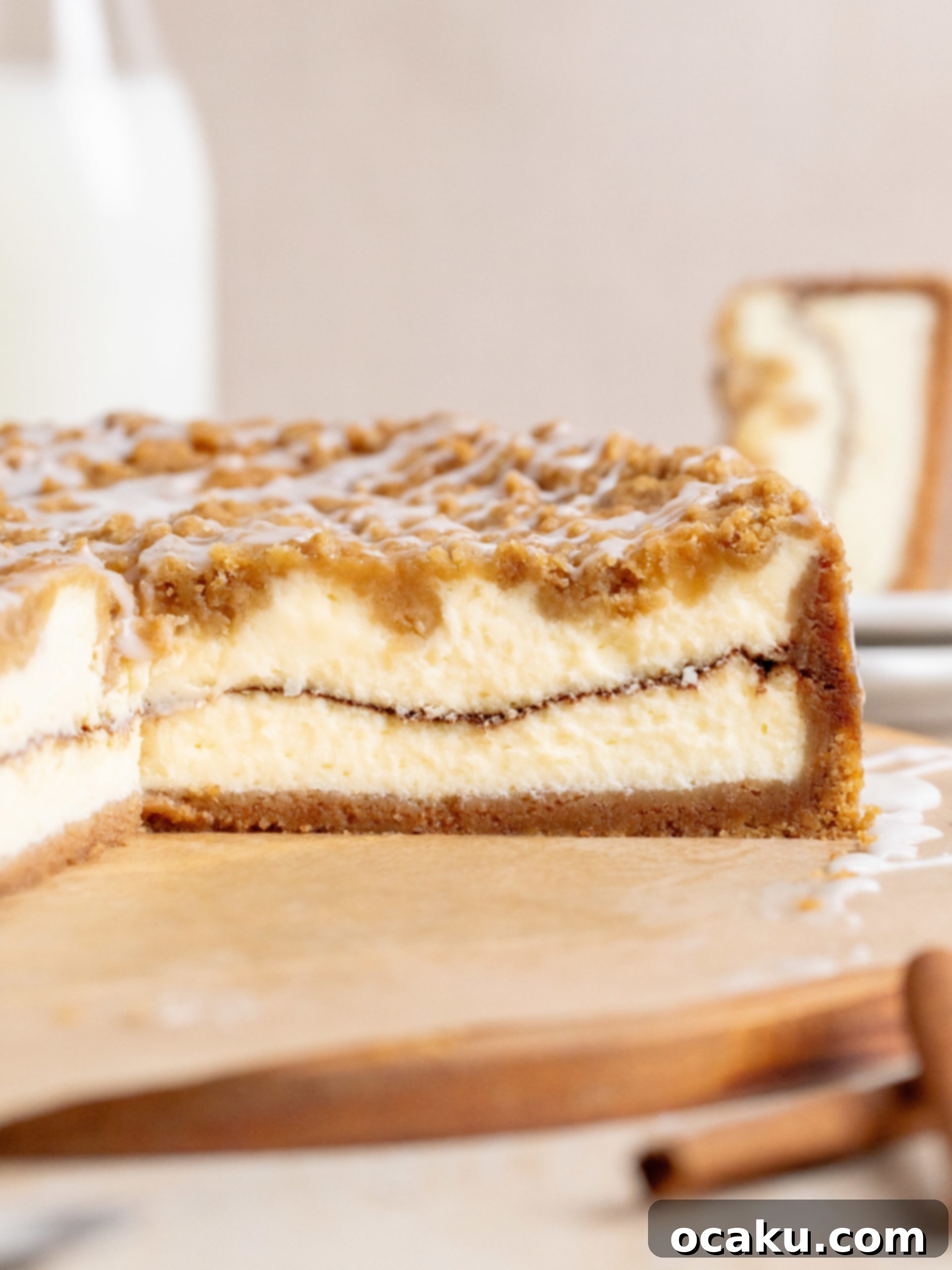 Close-up of a generous slice of Coffee Cake Cheesecake on a white plate