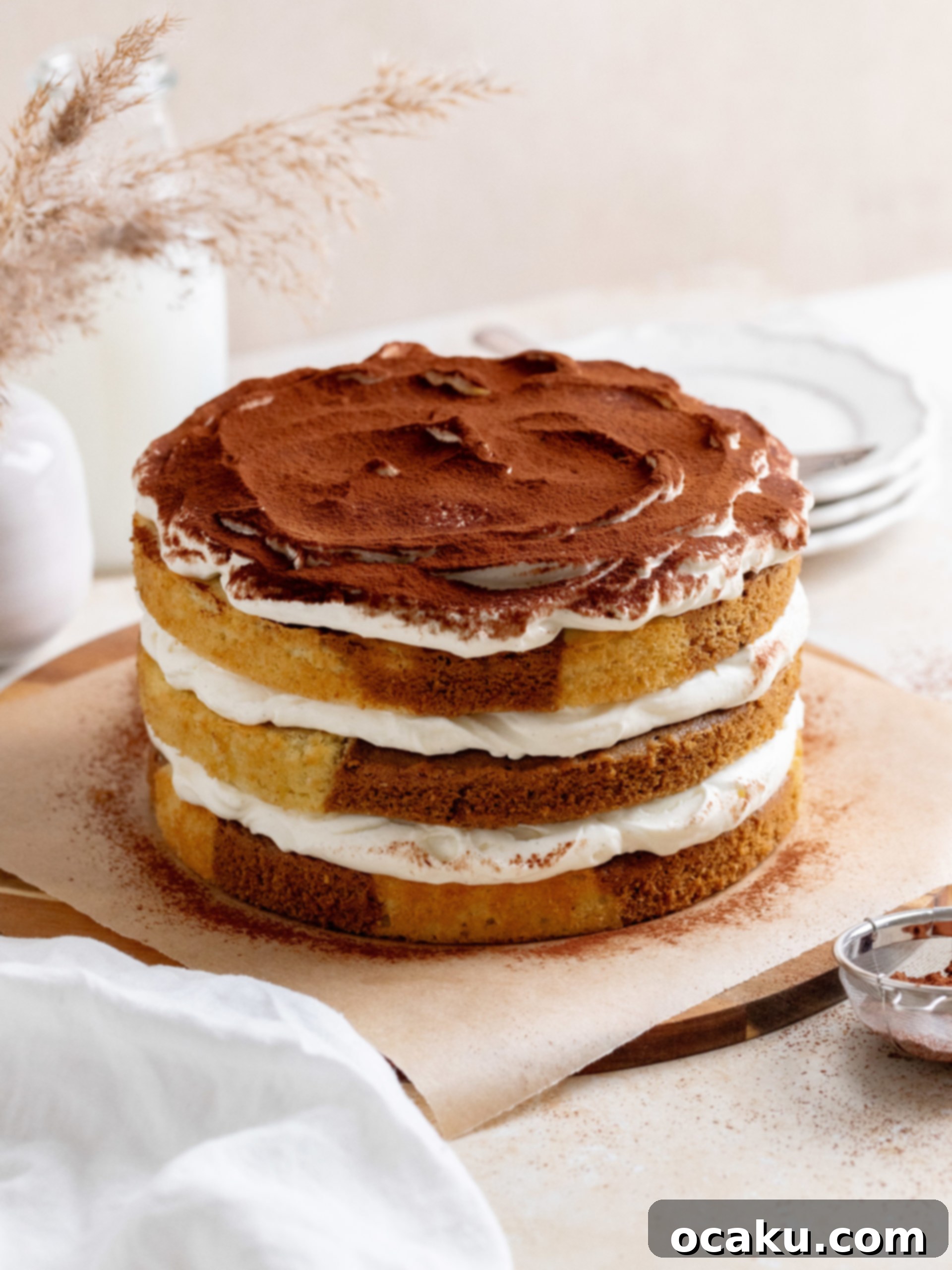 Espresso-Soaked Tiramisu Masterpiece 2 Tiramisu Layer Cake with coffee and vanilla sponge, mascarpone frosting, and cocoa dusting.