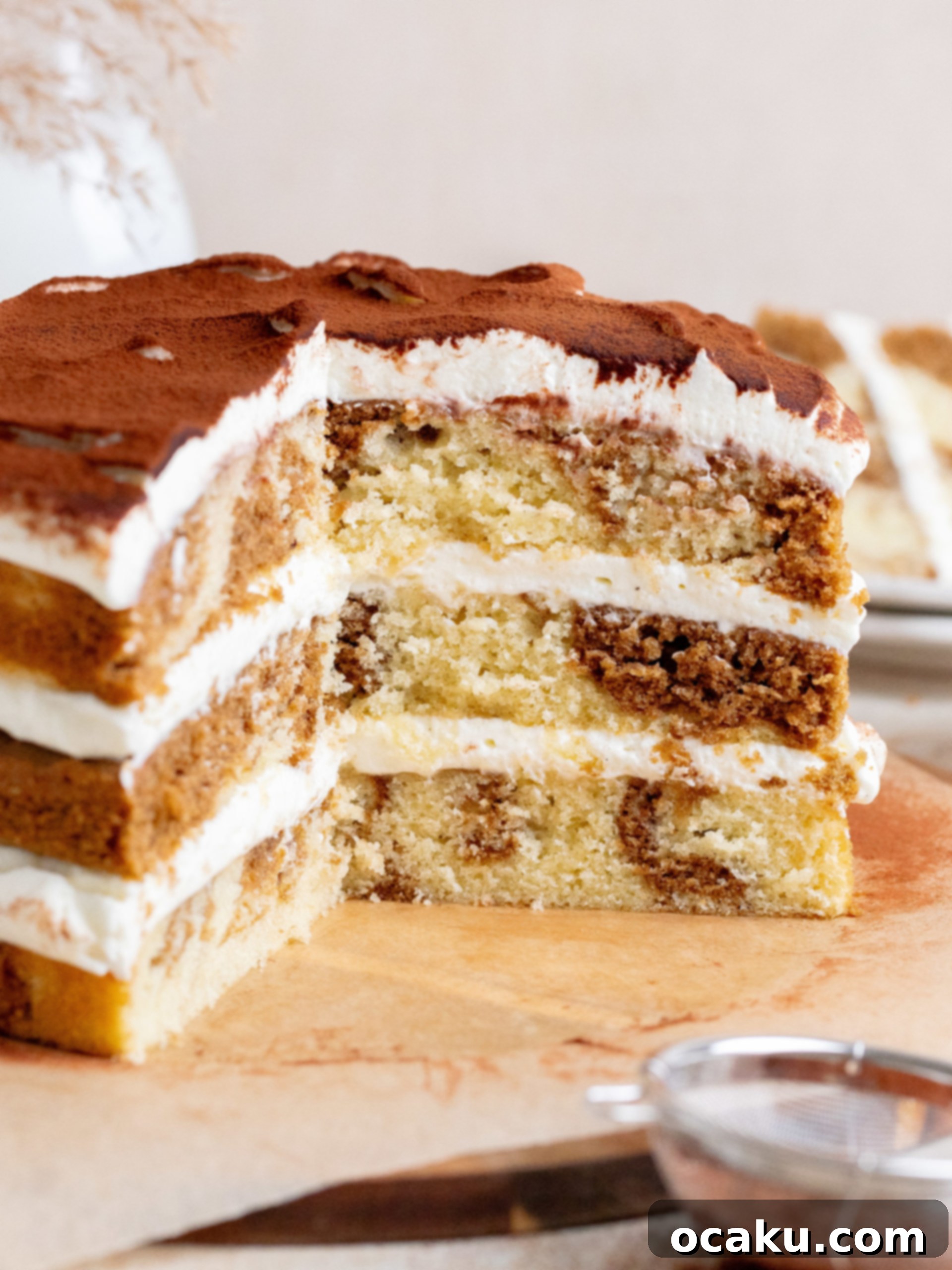 Espresso-Soaked Tiramisu Masterpiece 3 Close-up shot of the Tiramisu Layer Cake, showing the individual layers and creamy mascarpone frosting.