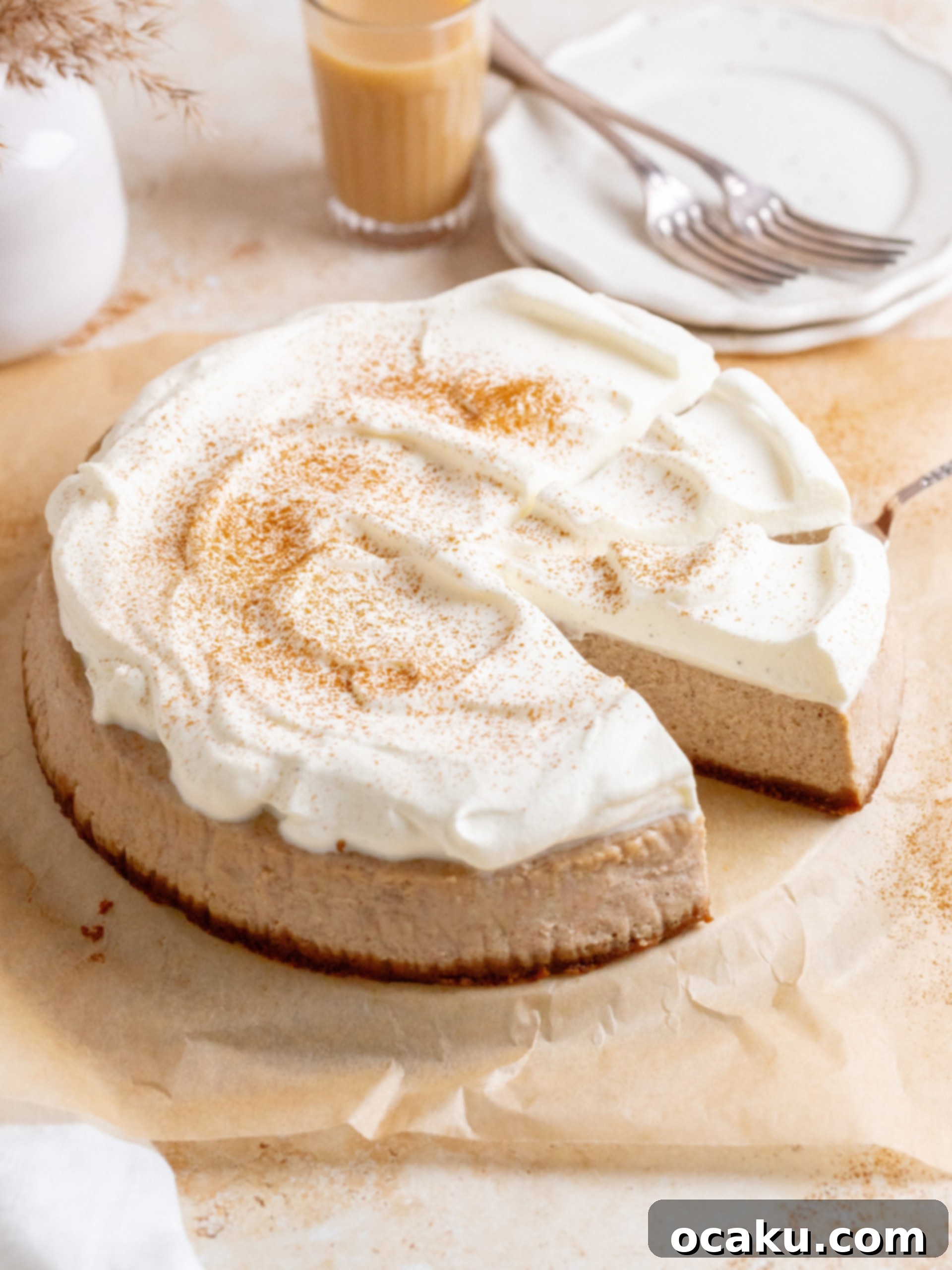 Close-up of the creamy chai spice cheesecake filling before baking, highlighting its smooth texture.