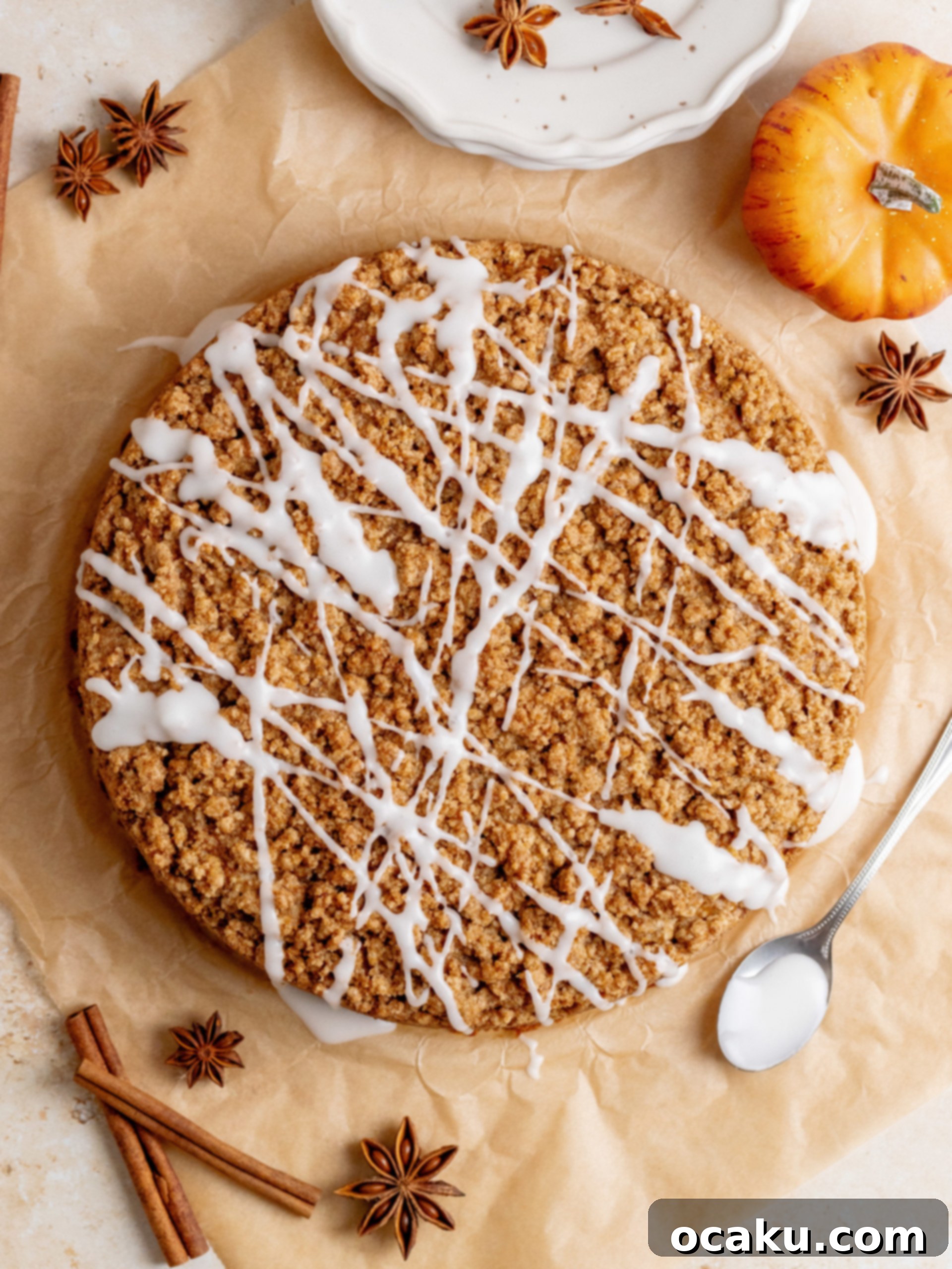 A beautifully glazed Pumpkin Coffee Cake, ready to be served.