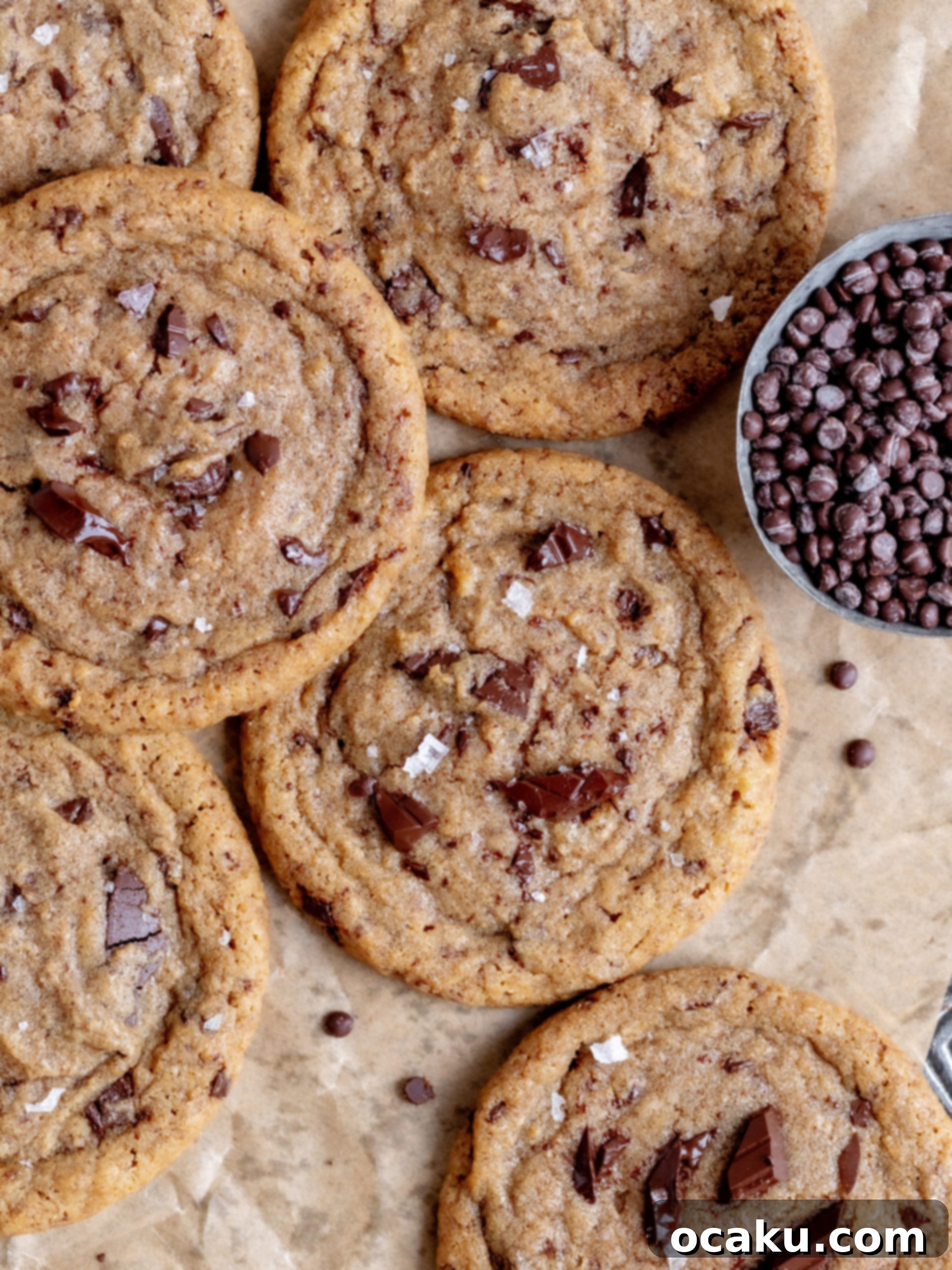 Freshly baked chocolate chip coffee cookies on a cooling rack, sprinkled with flaky sea salt.