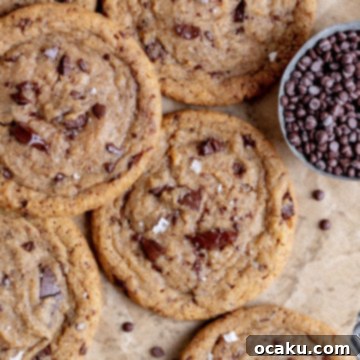 Close-up of a chocolate chip coffee cookie showing melted chocolate and perfect texture.