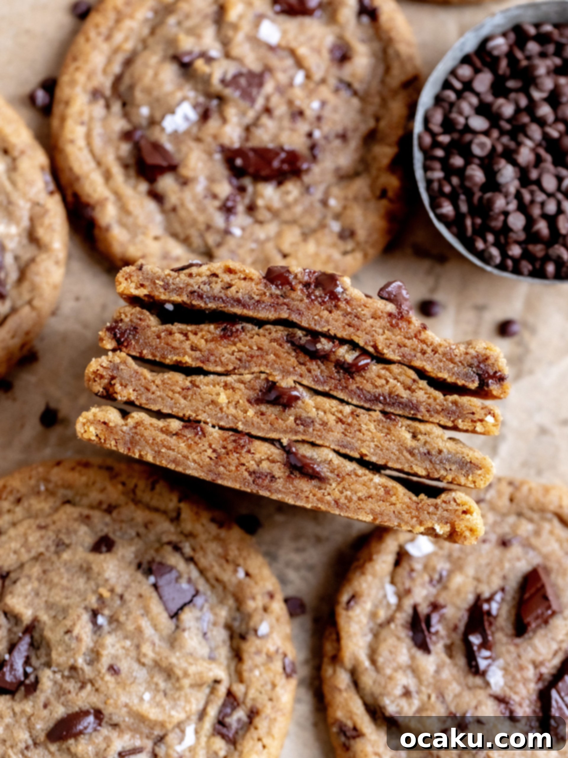 Chocolate chip coffee cookies stacked neatly in an airtight cookie jar, ready for storage.