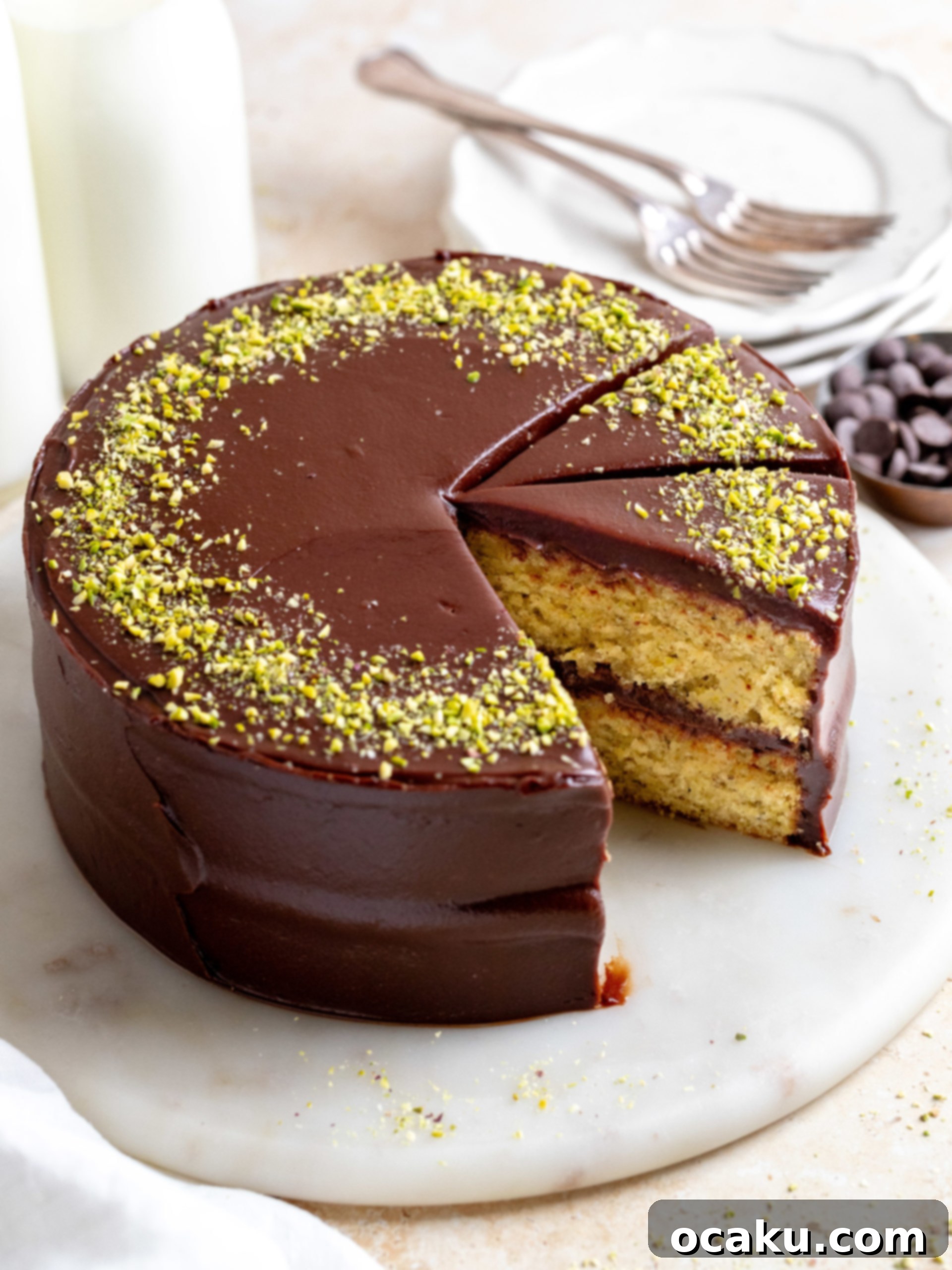 Close-up of a slice of Chocolate and Pistachio Cake showing distinct layers.