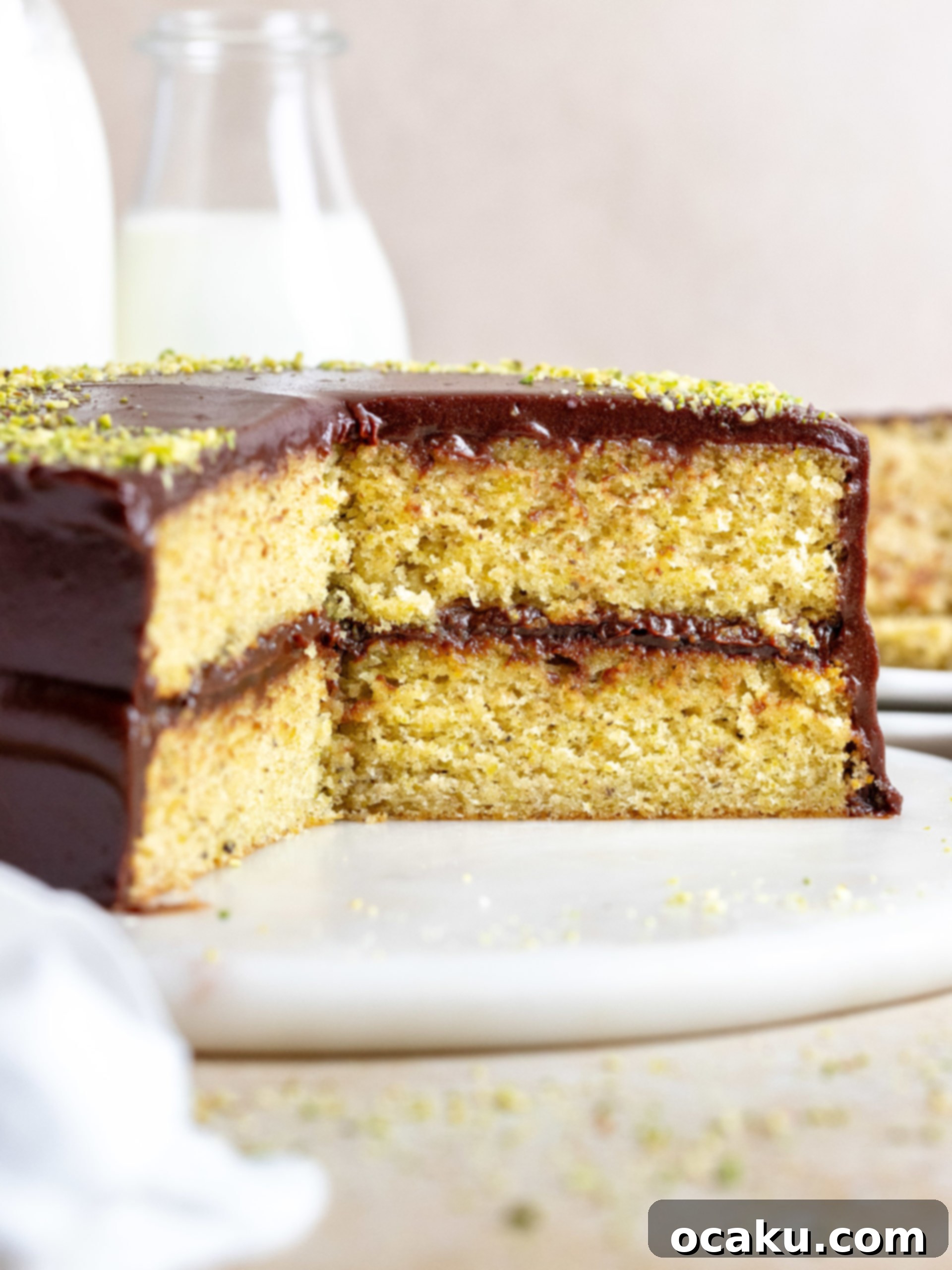Whole chocolate pistachio cake on a serving stand.