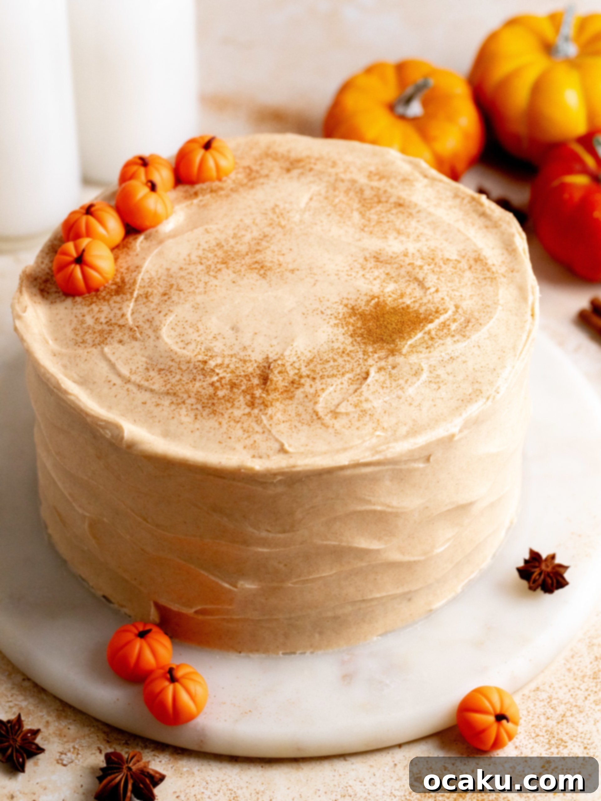 Finished pumpkin layer cake with cinnamon cream cheese frosting, topped with cinnamon and mini pumpkins