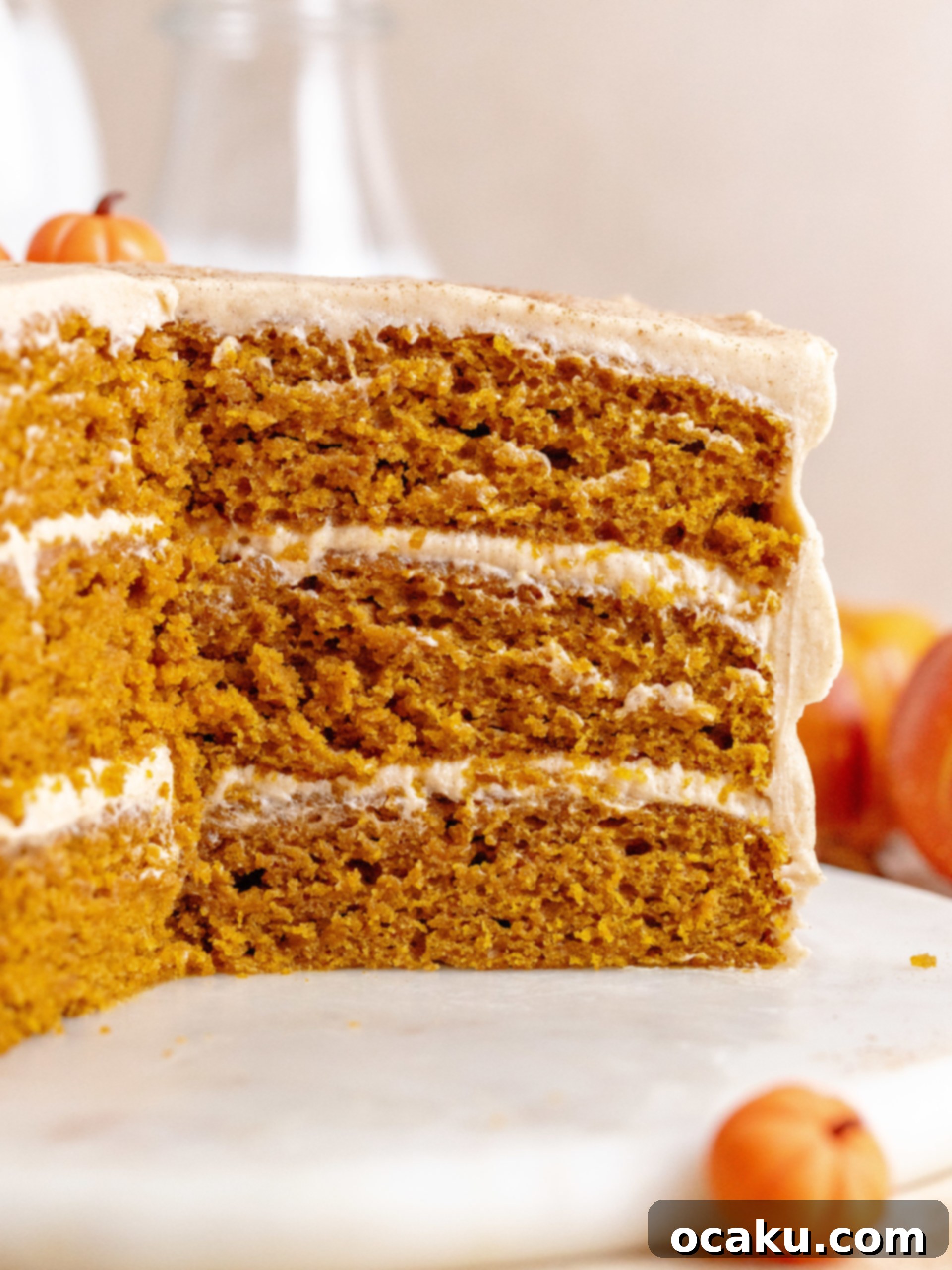 A close-up of a perfectly baked pumpkin cake layer cooling on a wire rack
