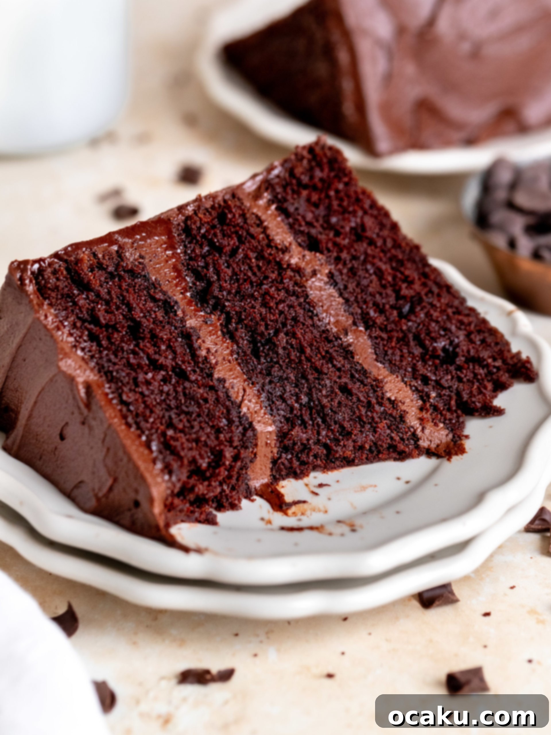 Matilda's Irresistibly Moist Cake 2 A slice of moist Matilda's chocolate cake on a white plate, showcasing three layers of dark chocolate cake and rich chocolate sour cream frosting.