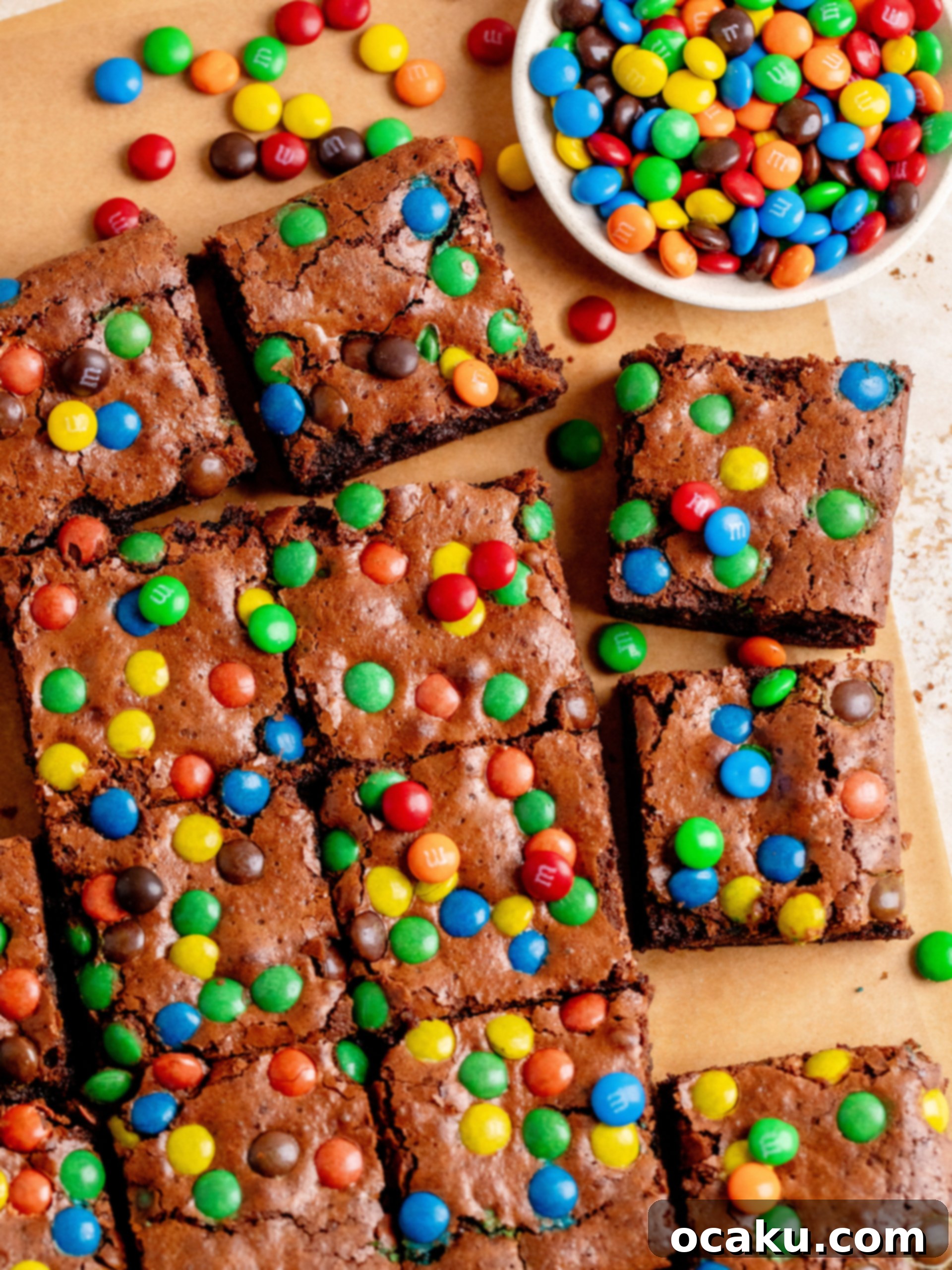 M&M Brownies 7 A perfectly portioned M&M brownie, showcasing its rich, fudgy texture and colorful candy pieces.