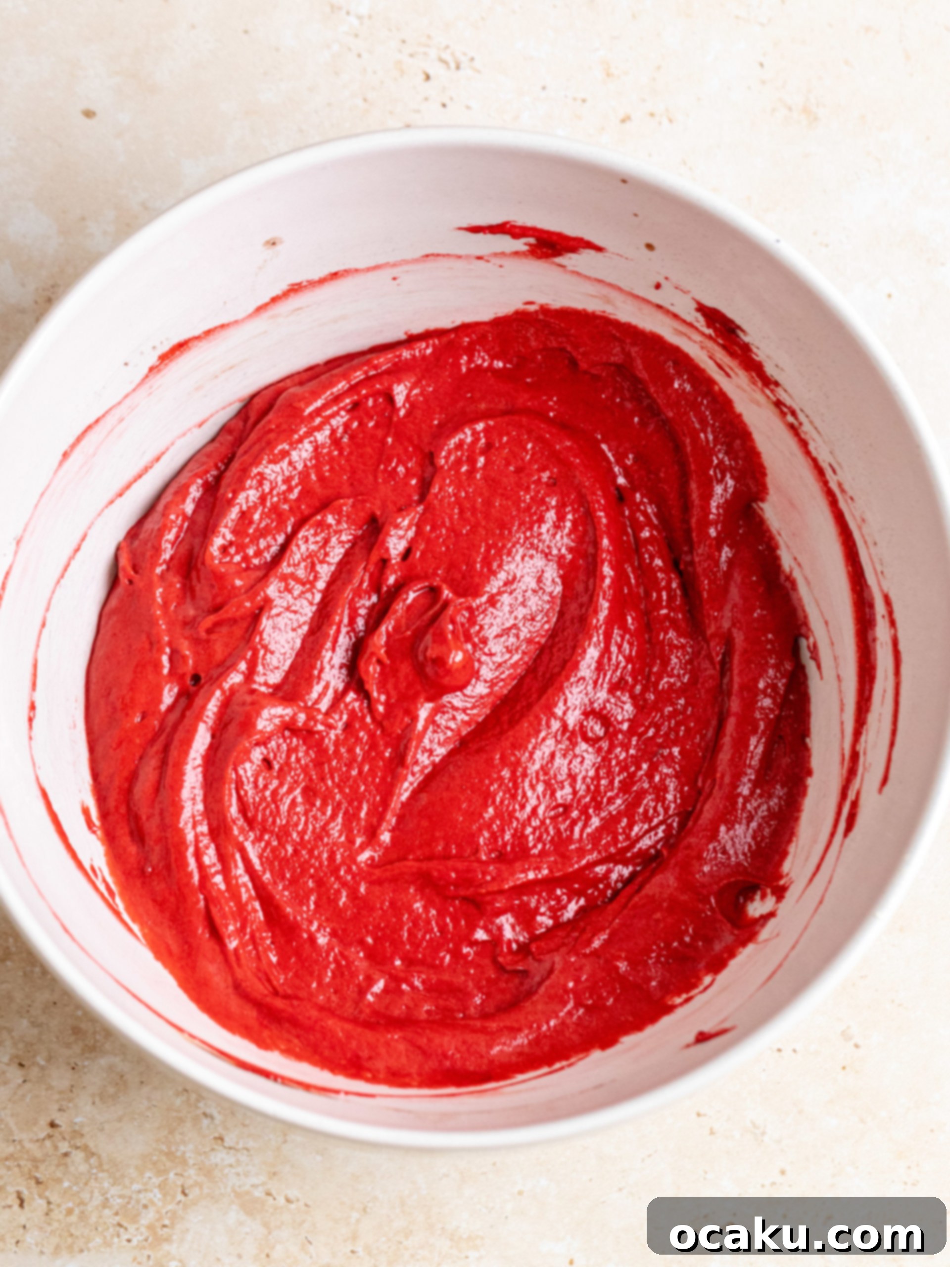 Red and white batter swirled together in a loaf pan.