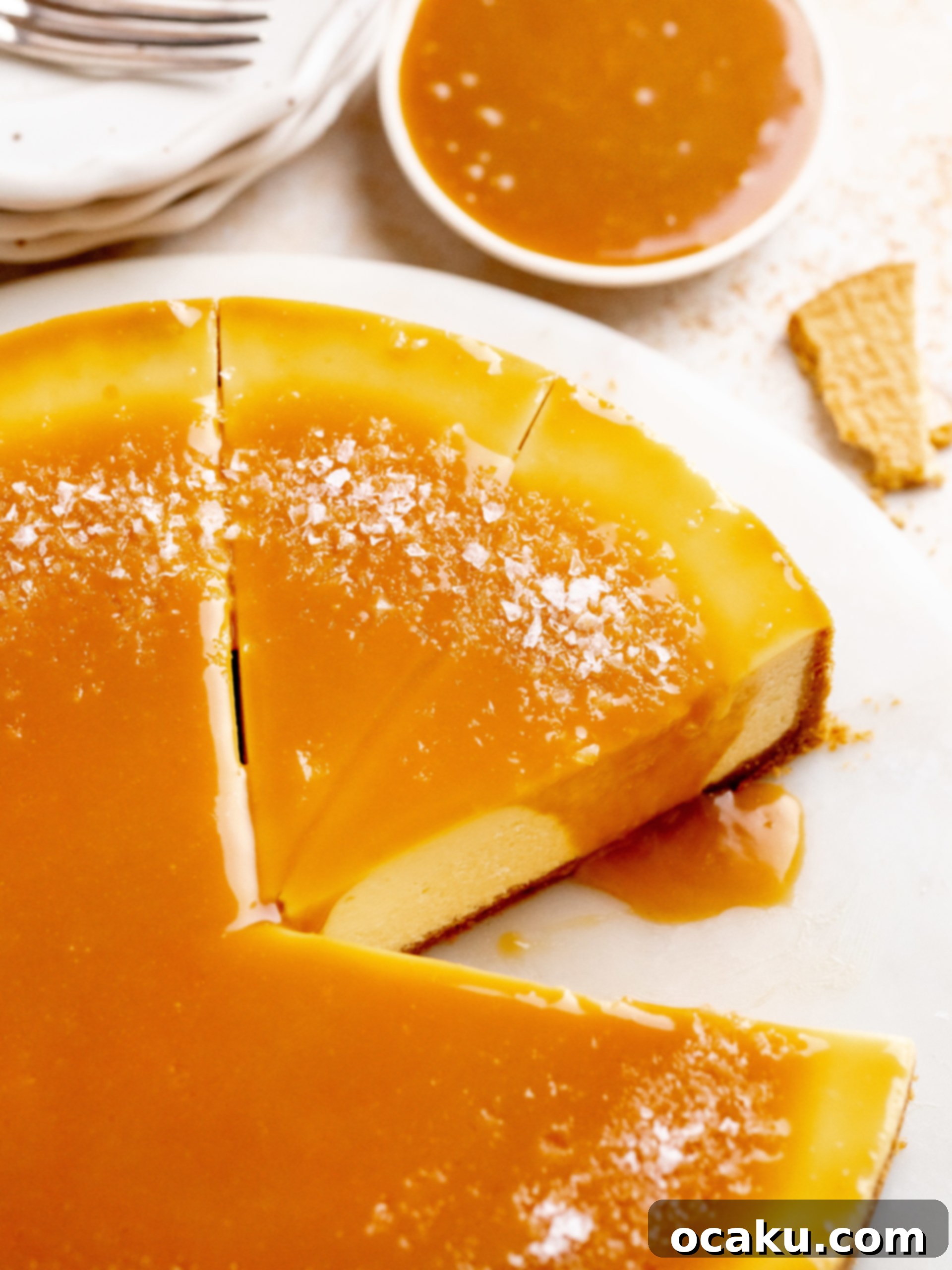 A slice of creamy salted caramel cheesecake on a white plate with caramel drizzle.