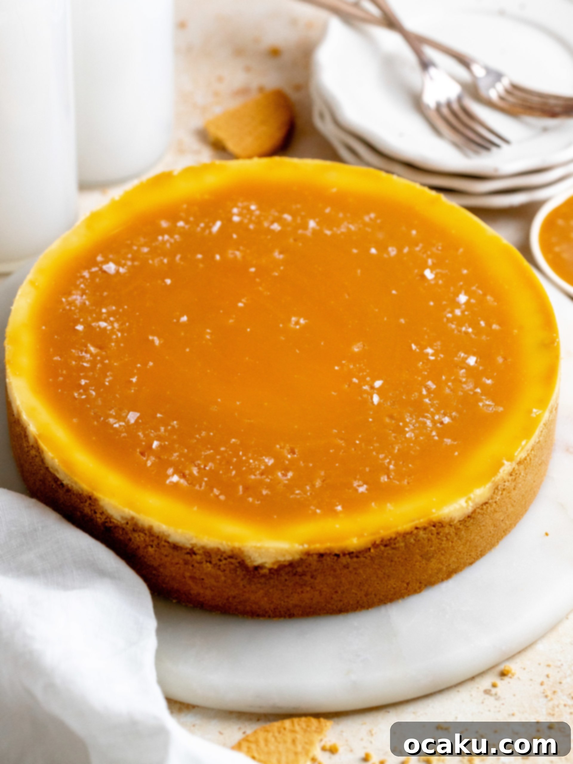 Close-up of a perfectly baked salted caramel cheesecake showing its smooth texture.