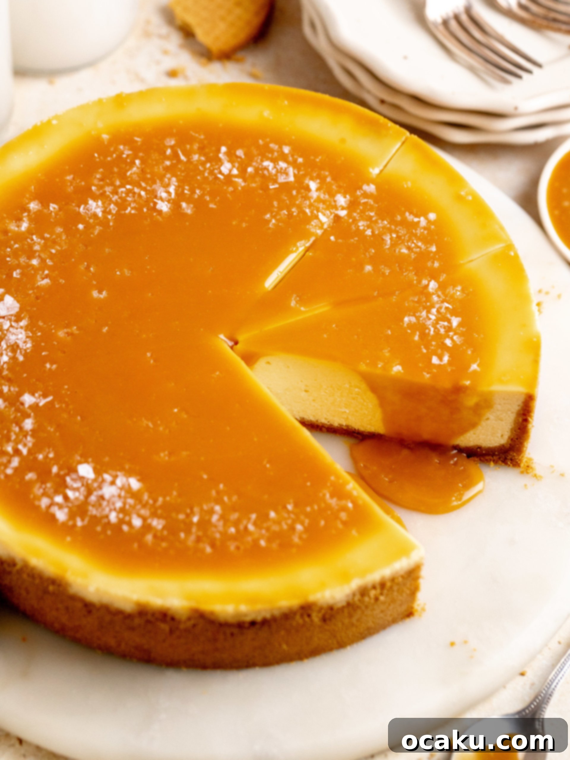 A whole salted caramel cheesecake on a wire cooling rack.
