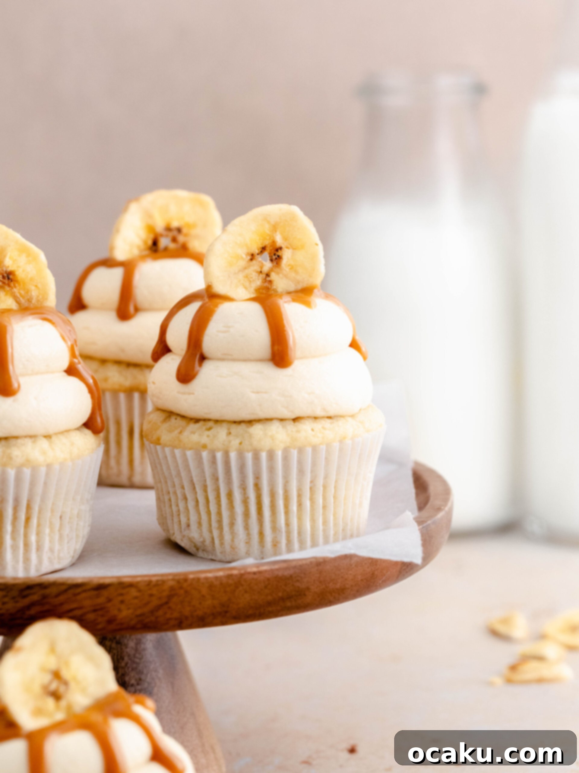 Dreamy Banoffee Cupcakes 2 Banoffee cupcakes on a stand, showcasing their beautiful frosting and toppings.