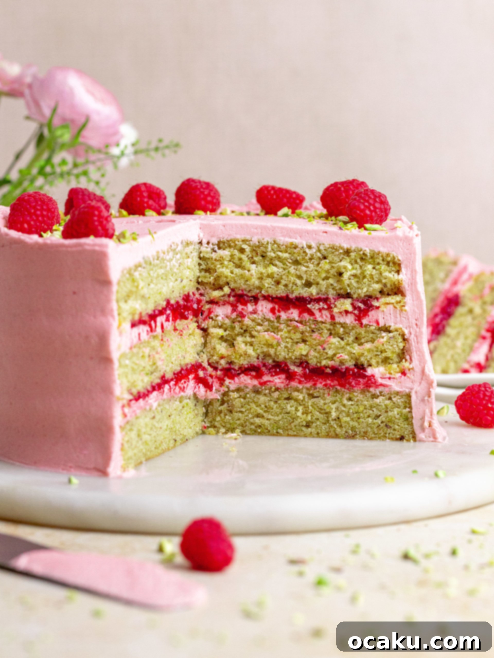 A beautifully decorated slice of Raspberry Pistachio Layer Cake with green cake layers, pink frosting, and fresh raspberries on top.