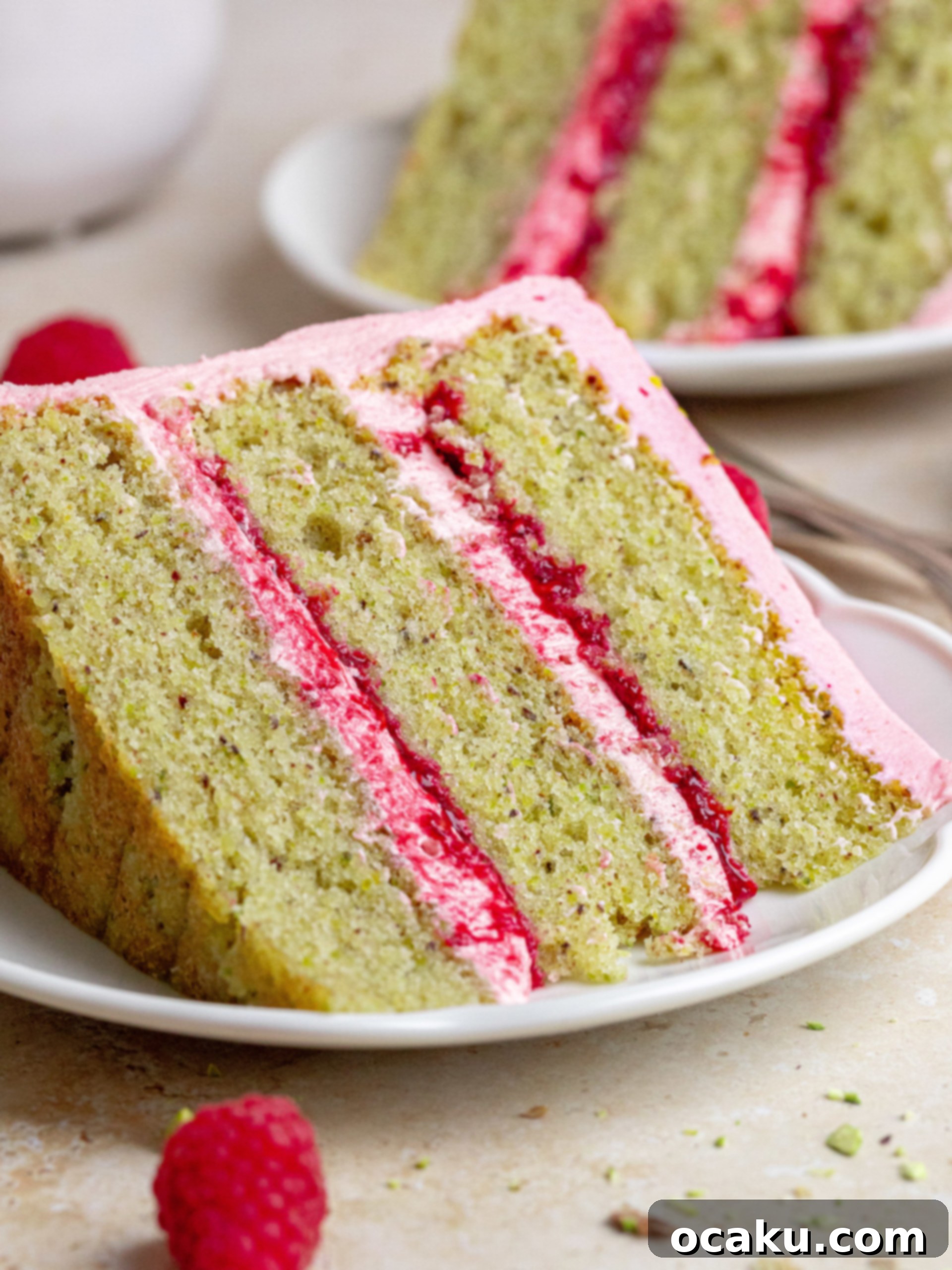 A top-down view of the elegant Raspberry Pistachio Layer Cake, showing the frosting swirls and fresh fruit decoration.