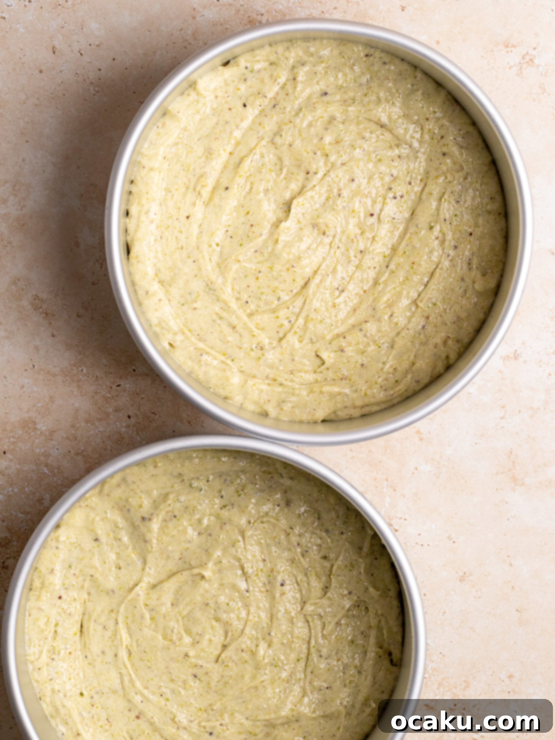 A bowl with dry ingredients, including the blended pistachio flour, before being mixed into the wet batter.