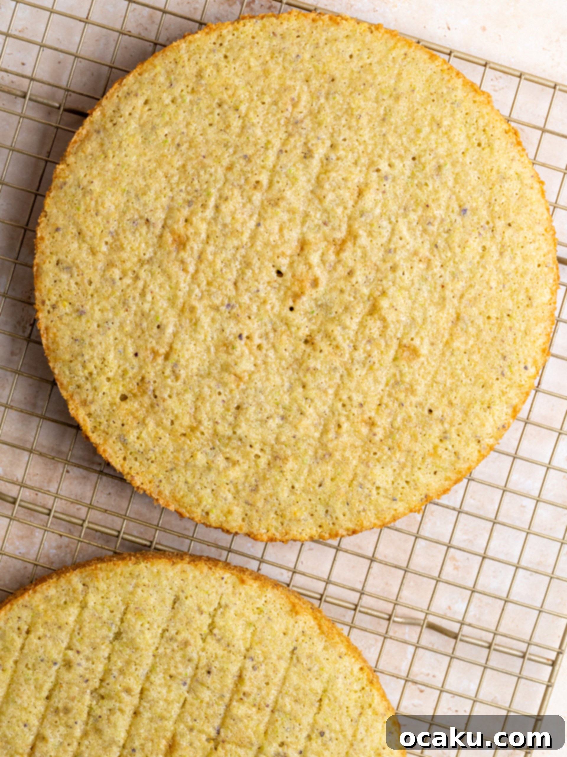 Freshly baked pistachio cake layers cooling on a wire rack, ready for frosting.