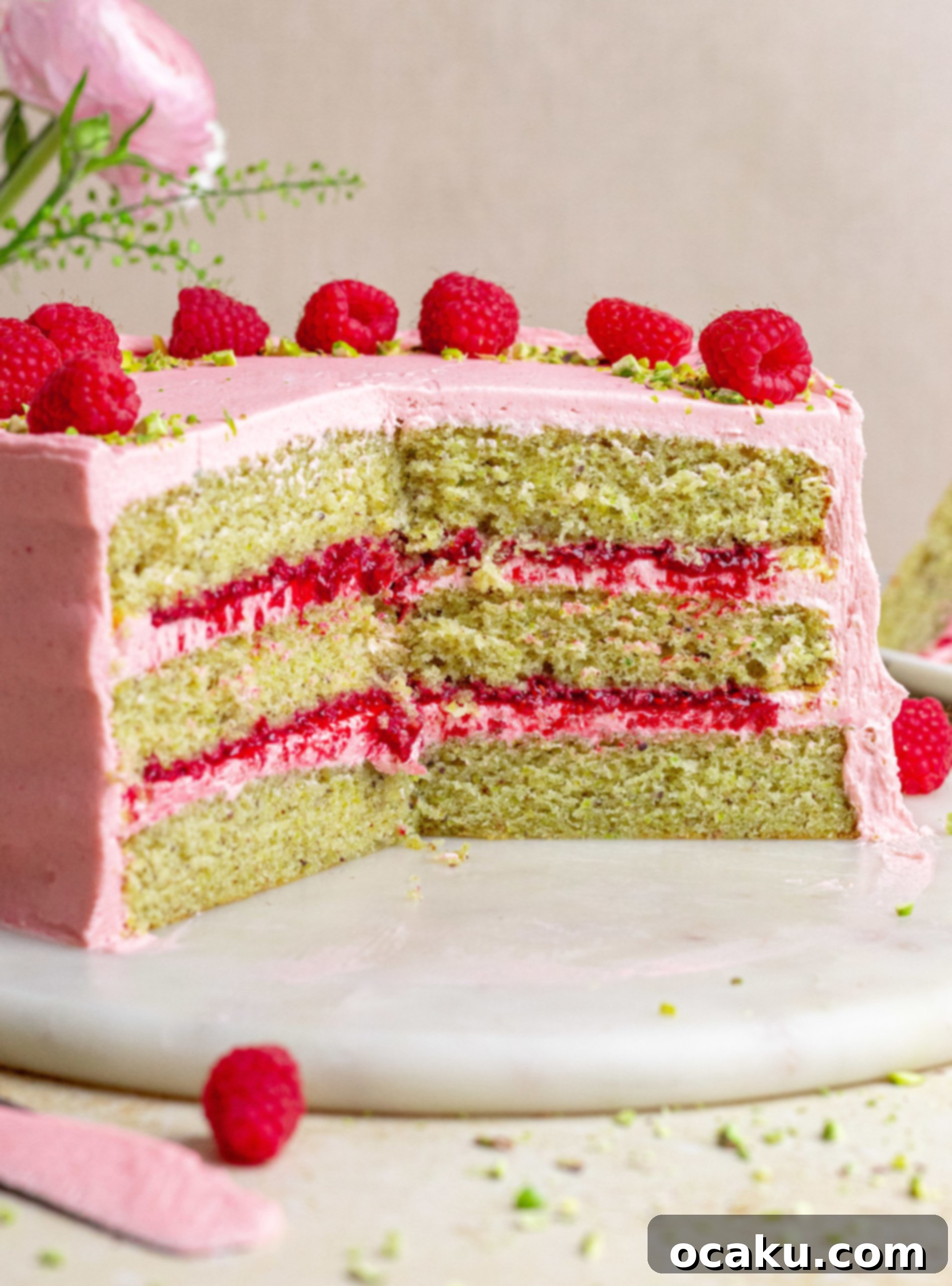 Vibrant pink raspberry buttercream being whipped in a stand mixer, showcasing its smooth and creamy texture.