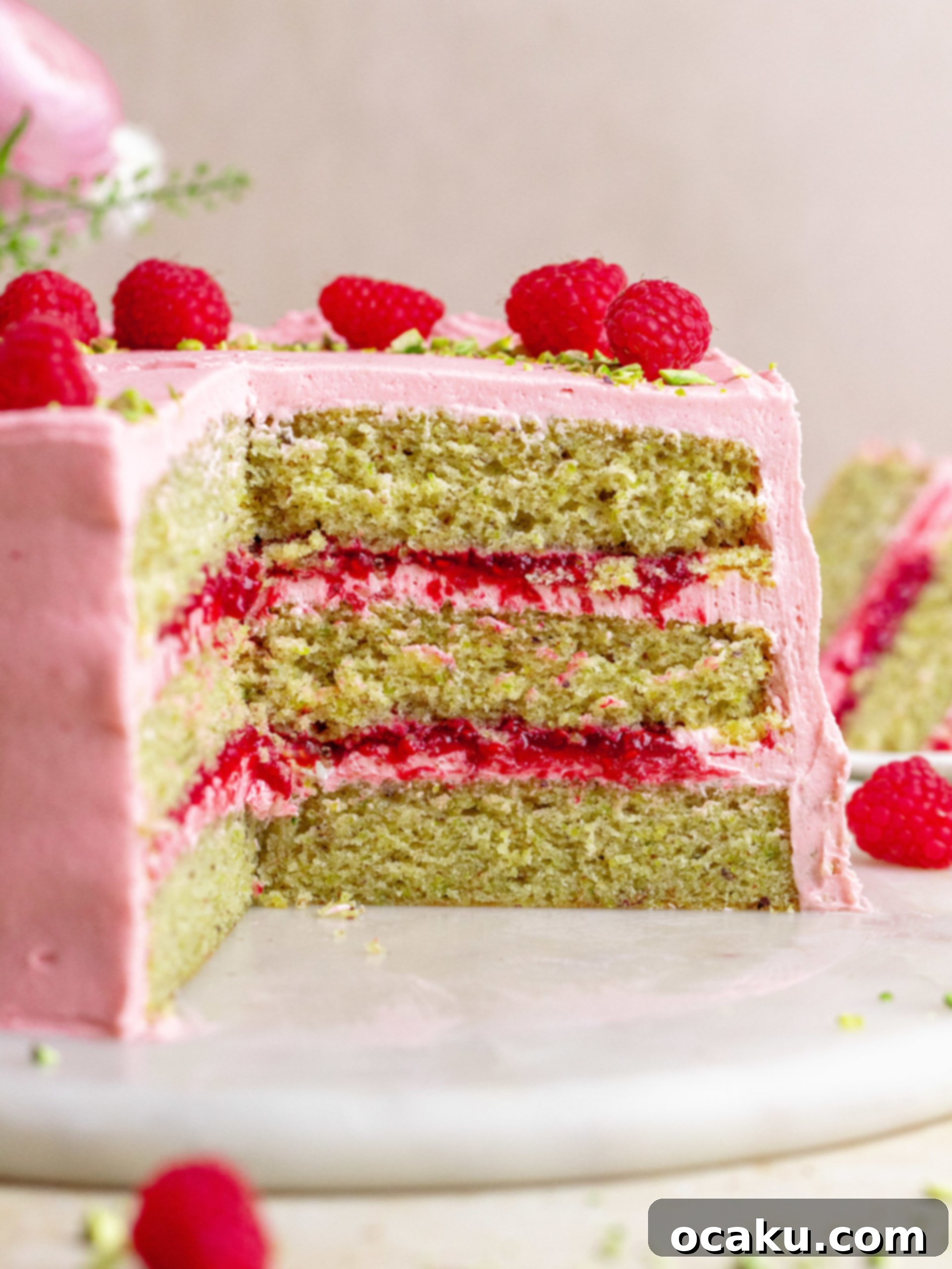 A beautifully decorated Raspberry Pistachio Layer Cake, garnished with fresh raspberries and chopped pistachios.
