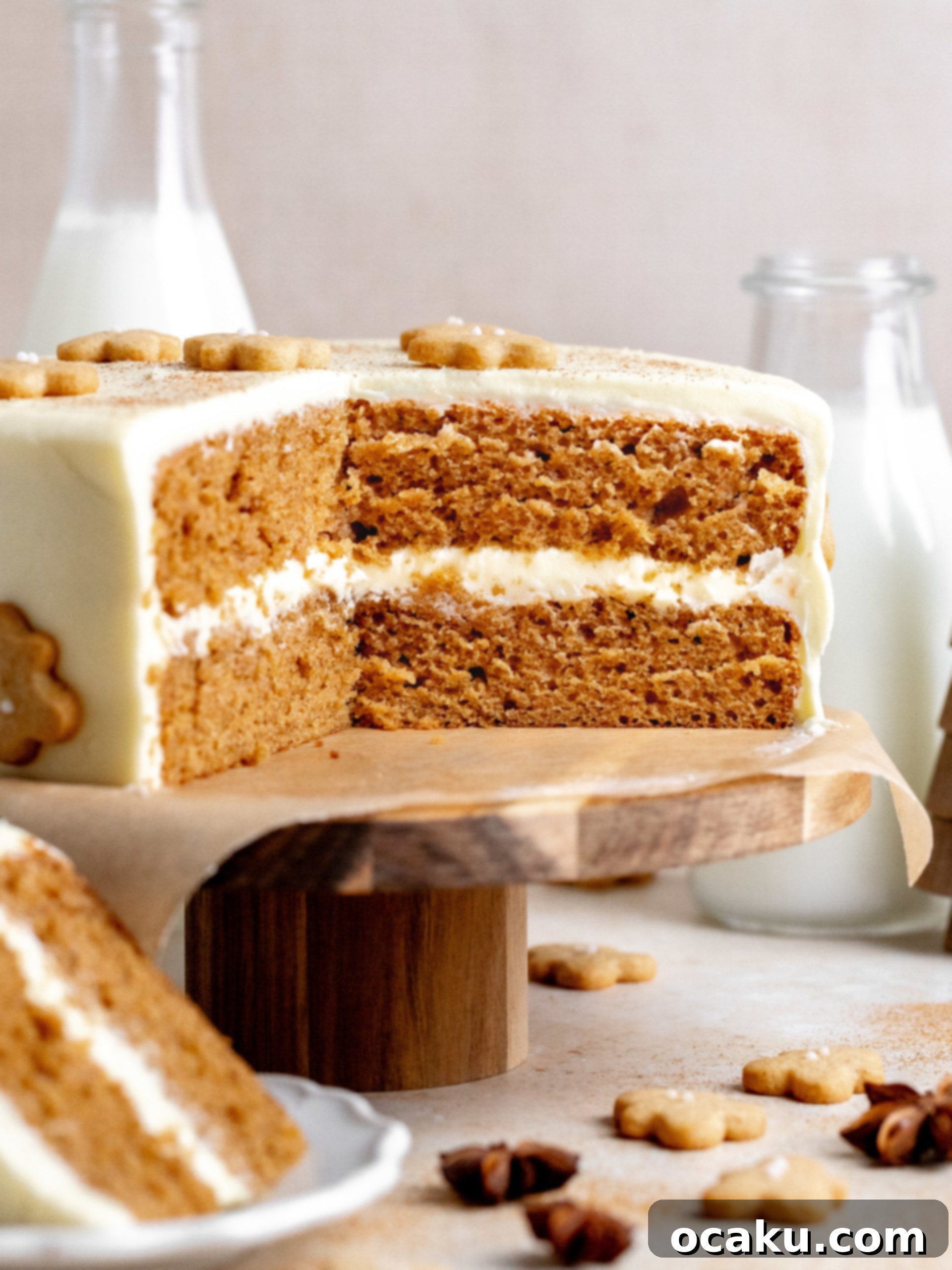 A beautifully decorated Gingerbread Layer Cake with tangy cream cheese frosting, adorned with mini gingerbread cookies on a white cake stand.