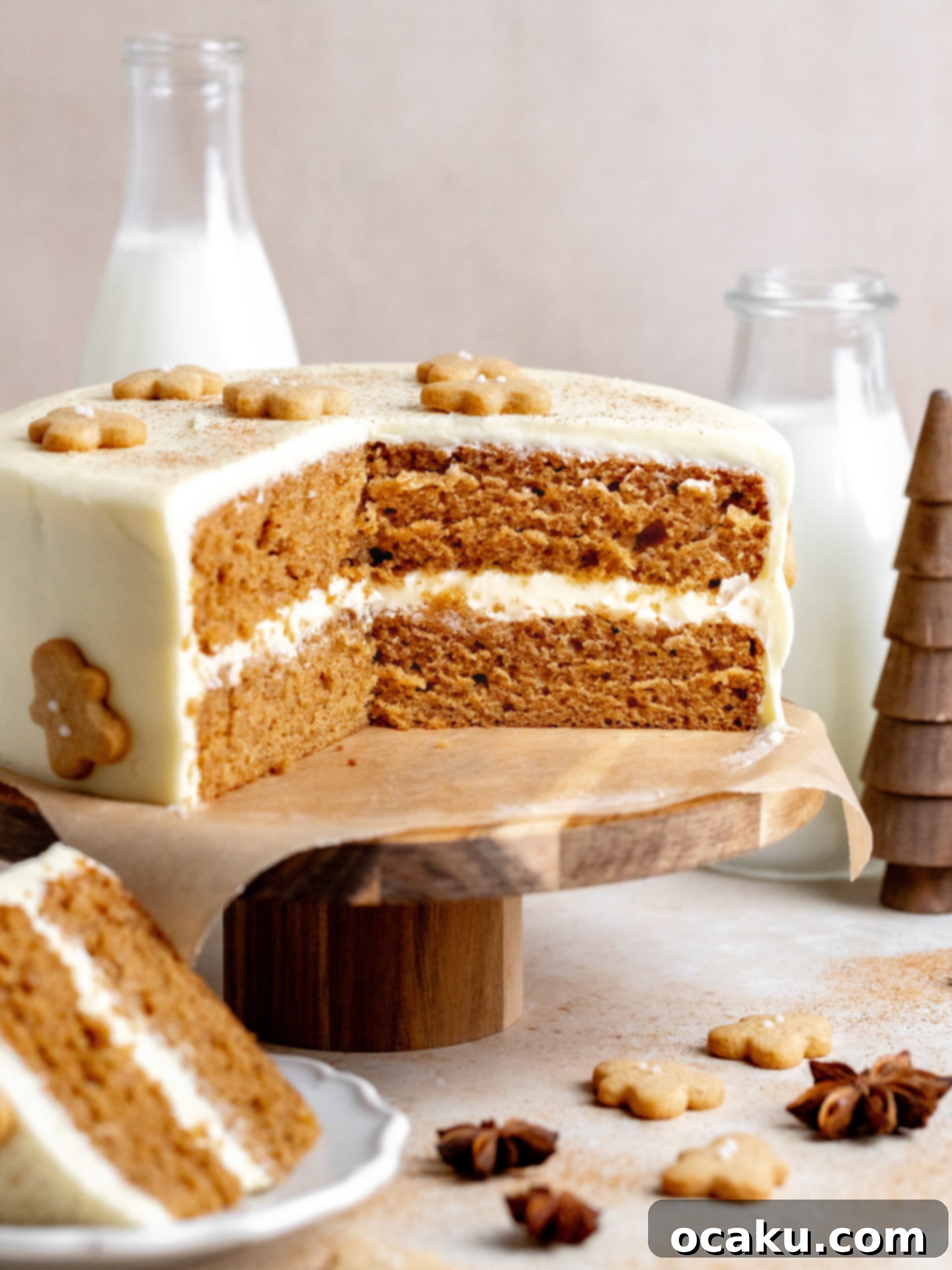 A slice of Gingerbread Layer Cake with cream cheese frosting, showing the distinct layers and moist texture, ready to be eaten.